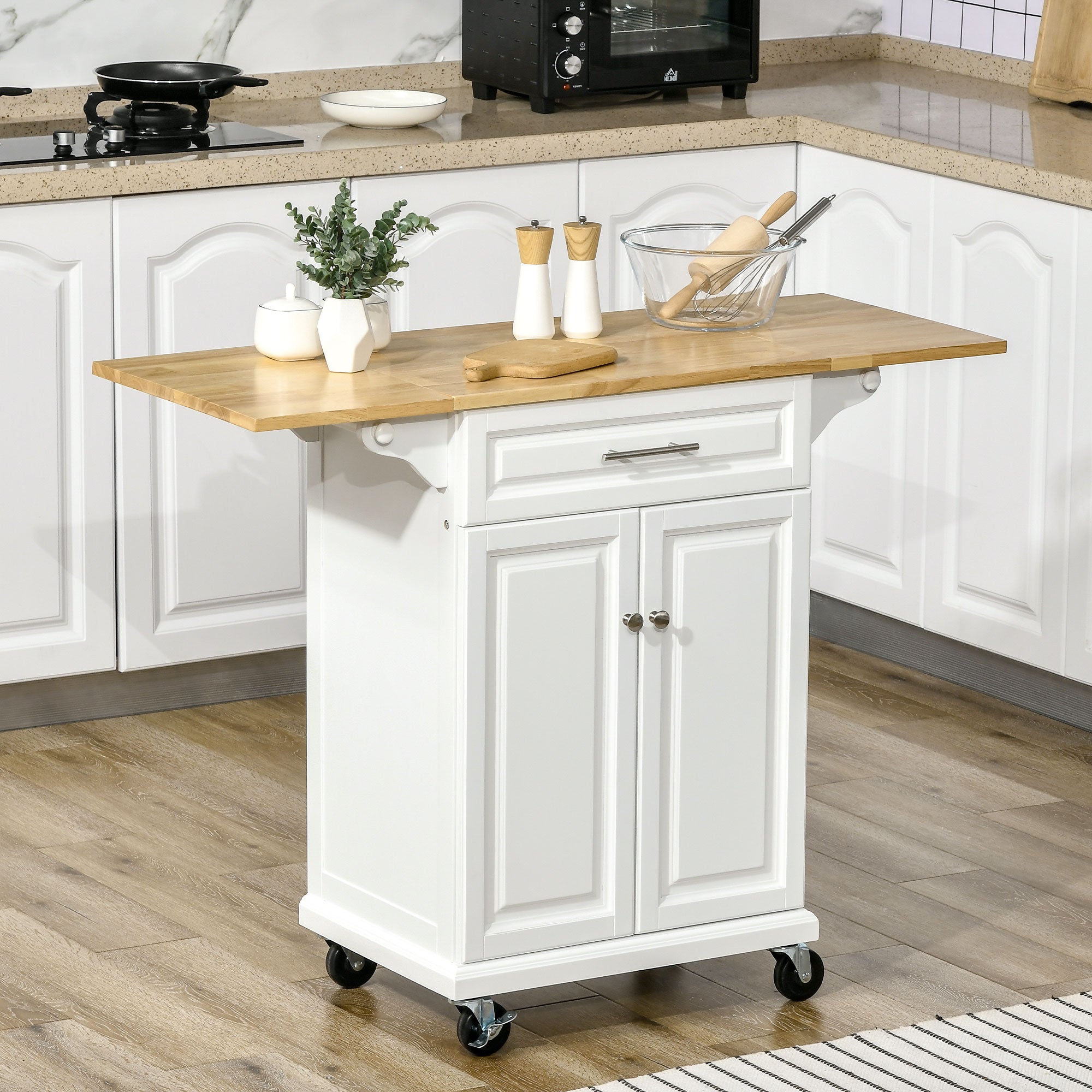 HOMCOM Extendable Kitchen Island Cart on Wheels with Counter Drawer Cabinet, Towel Racks Versatile Use for Dining Kitchens Rooms
