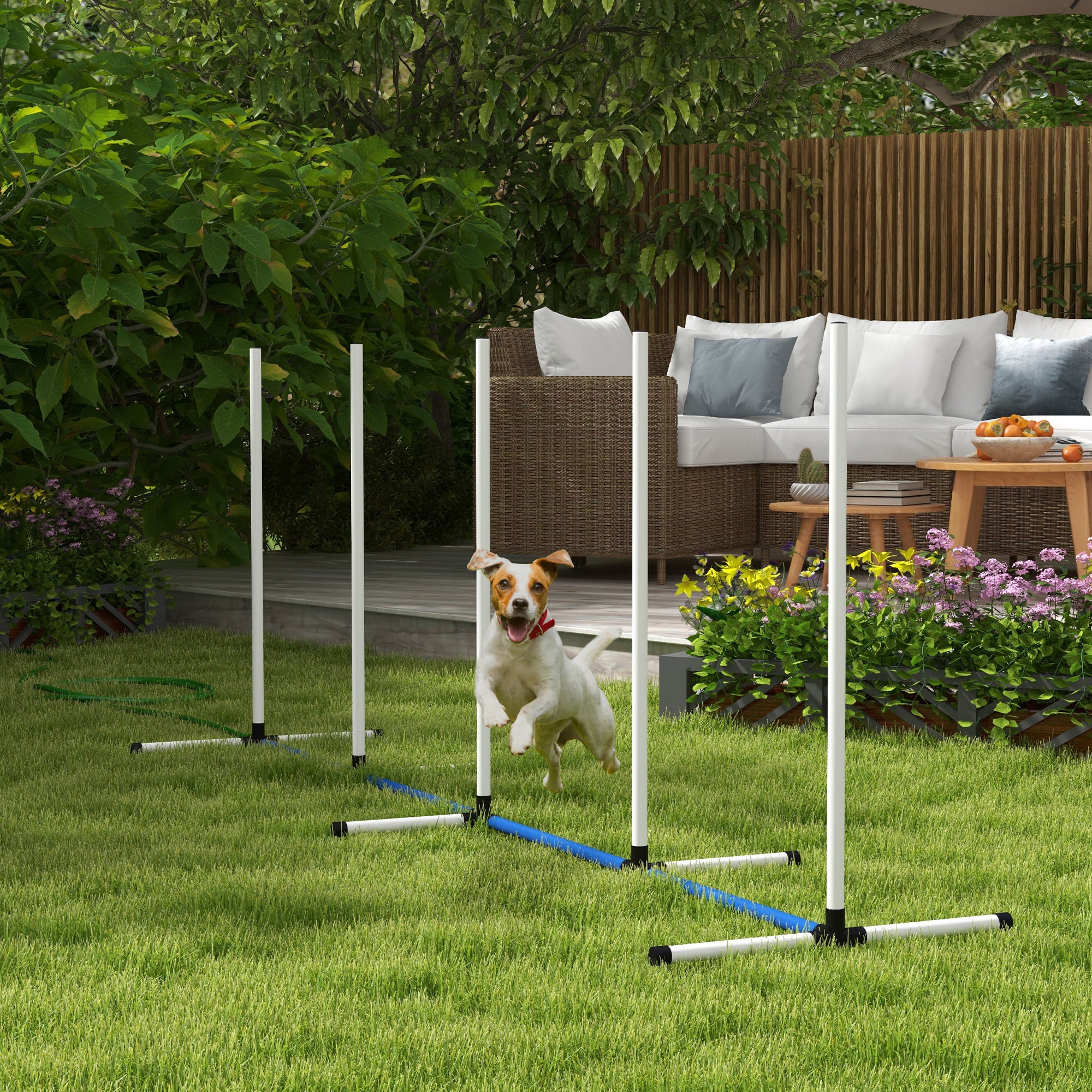 PawHut 2PCs Dog Agility Equipment Set, Dog Agility Kit with Weave Poles, Spray Water Tube, Whistle, Carry Bag, for Outdoor, Backyard, Garden, White