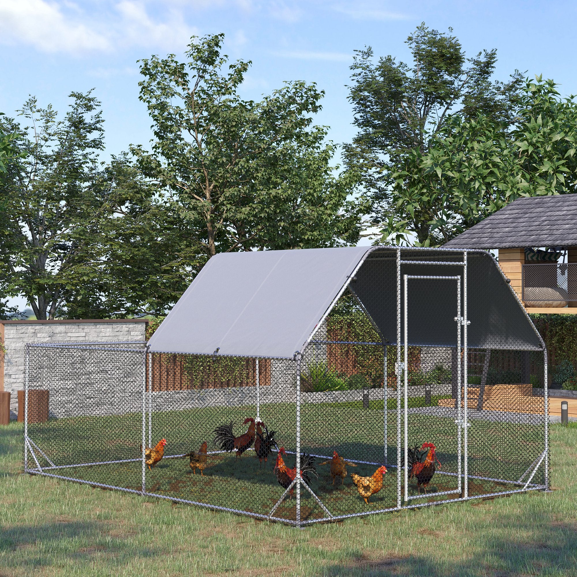 PawHut Walk In Chicken Run Chicken Coop with Roof Outdoor for 10-12 Chickens, Hen House, Duck Pen, 2.8 x 3.8 x 2 m