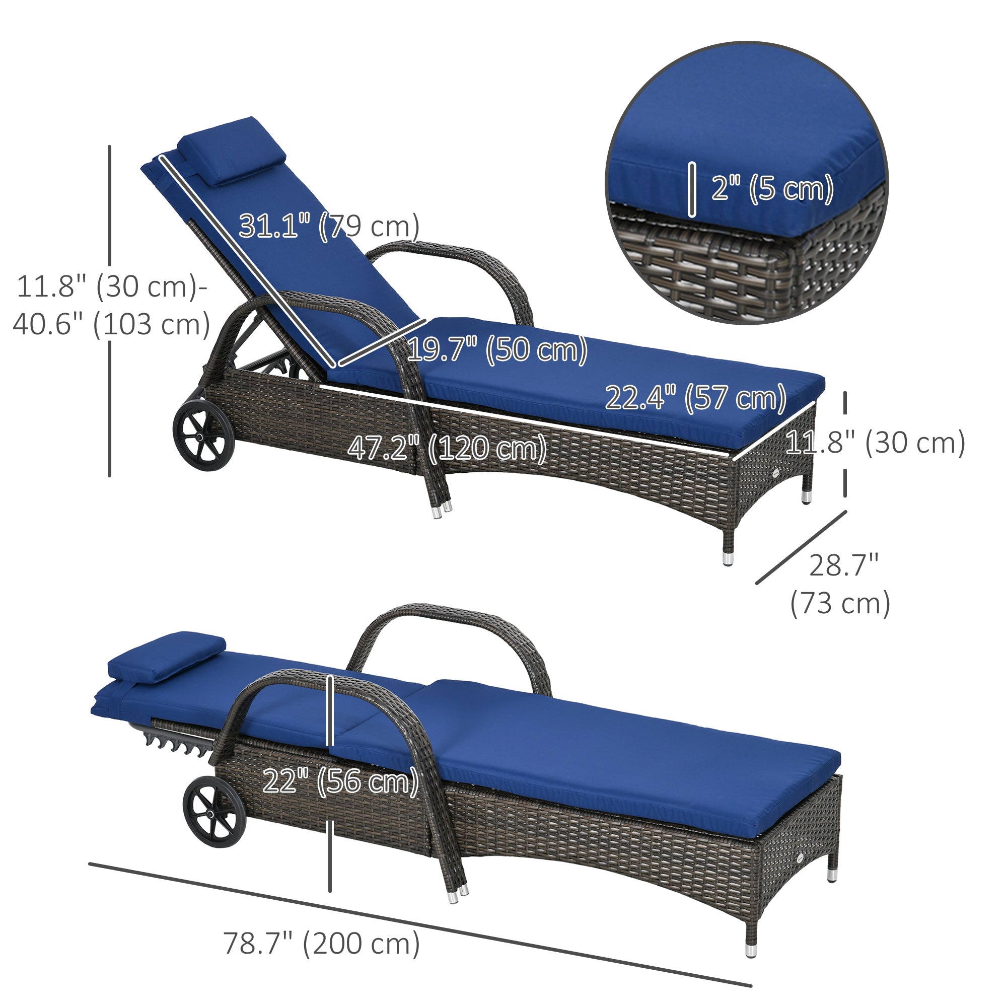 Outsunny Wicker Chaise Lounge, Outdoor Lounge Chair, PE Rattan Patio Sun lounger with Head-rest, 5-Level Height Adjust Backrest, Cushion & Wheels, Mixed Brown and Dark Blue
