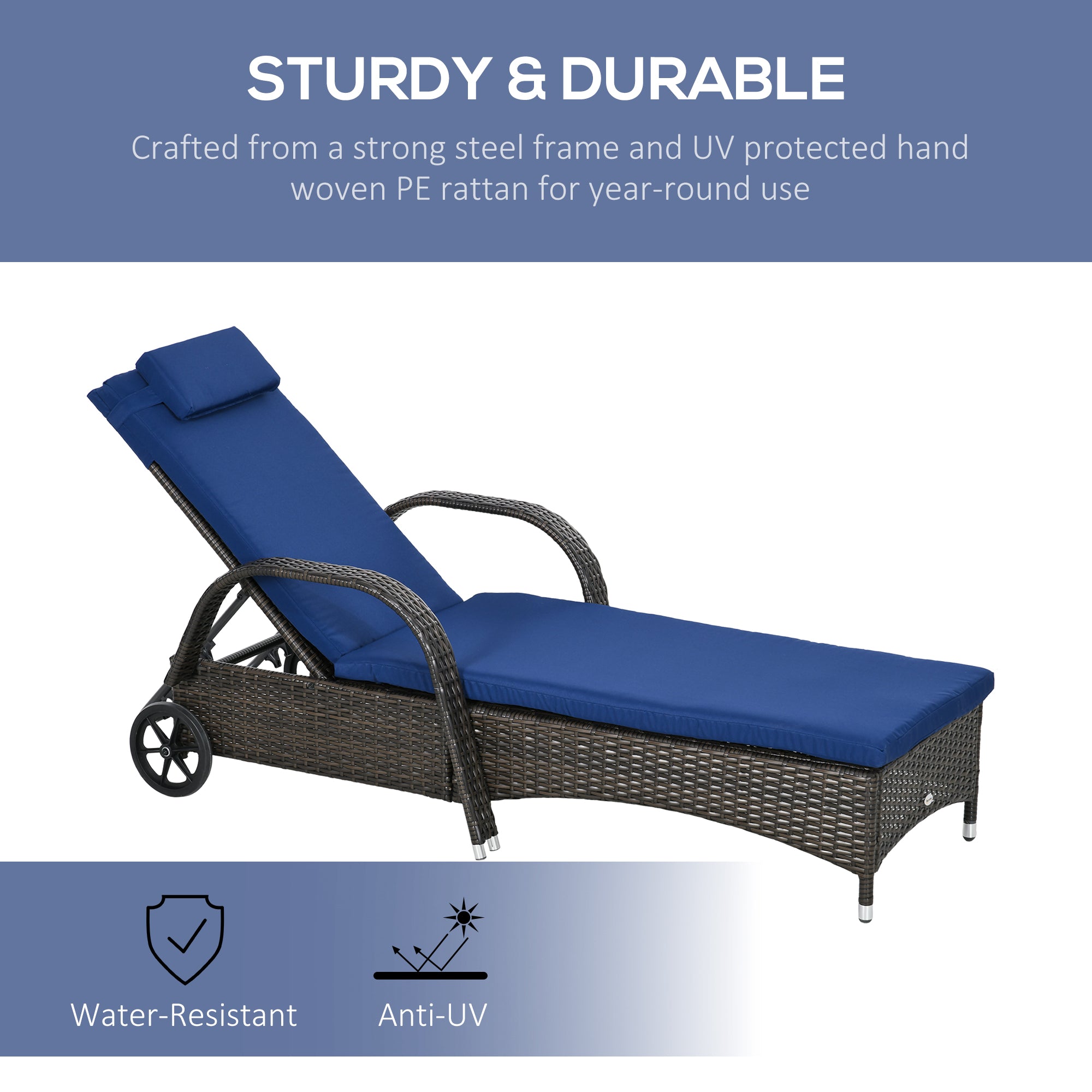 Outsunny Wicker Chaise Lounge, Outdoor Lounge Chair, PE Rattan Patio Sun lounger with Head-rest, 5-Level Height Adjust Backrest, Cushion & Wheels, Mixed Brown and Dark Blue