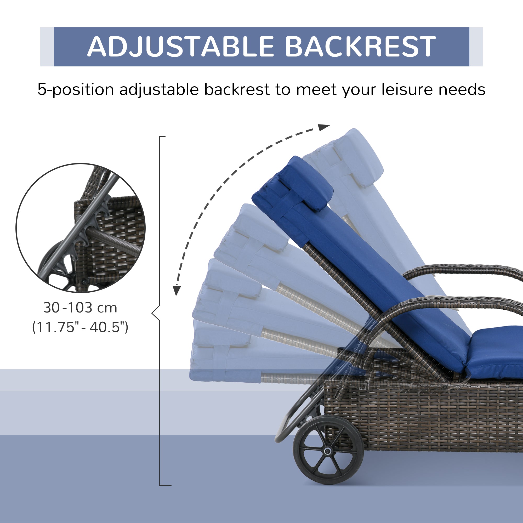 Outsunny Wicker Chaise Lounge, Outdoor Lounge Chair, PE Rattan Patio Sun lounger with Head-rest, 5-Level Height Adjust Backrest, Cushion & Wheels, Mixed Brown and Dark Blue