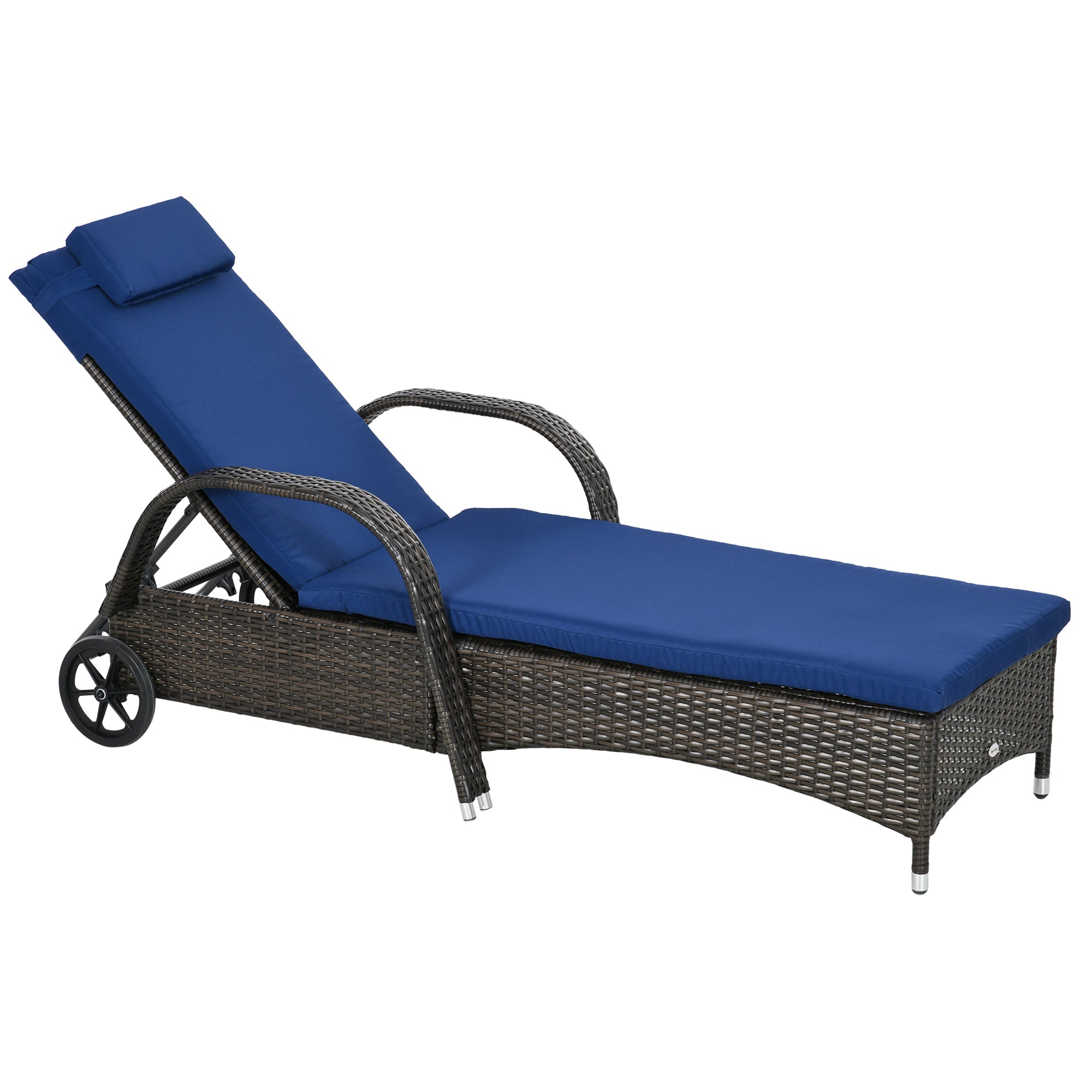 Outsunny Wicker Chaise Lounge, Outdoor Lounge Chair, PE Rattan Patio Sun lounger with Head-rest, 5-Level Height Adjust Backrest, Cushion & Wheels, Mixed Brown and Dark Blue