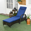 Outsunny Wicker Chaise Lounge, Outdoor Lounge Chair, PE Rattan Patio Sun lounger with Head-rest, 5-Level Height Adjust Backrest, Cushion & Wheels, Mixed Brown and Dark Blue
