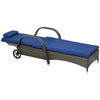 Outsunny Wicker Chaise Lounge, Outdoor Lounge Chair, PE Rattan Patio Sun lounger with Head-rest, 5-Level Height Adjust Backrest, Cushion & Wheels, Mixed Brown and Dark Blue