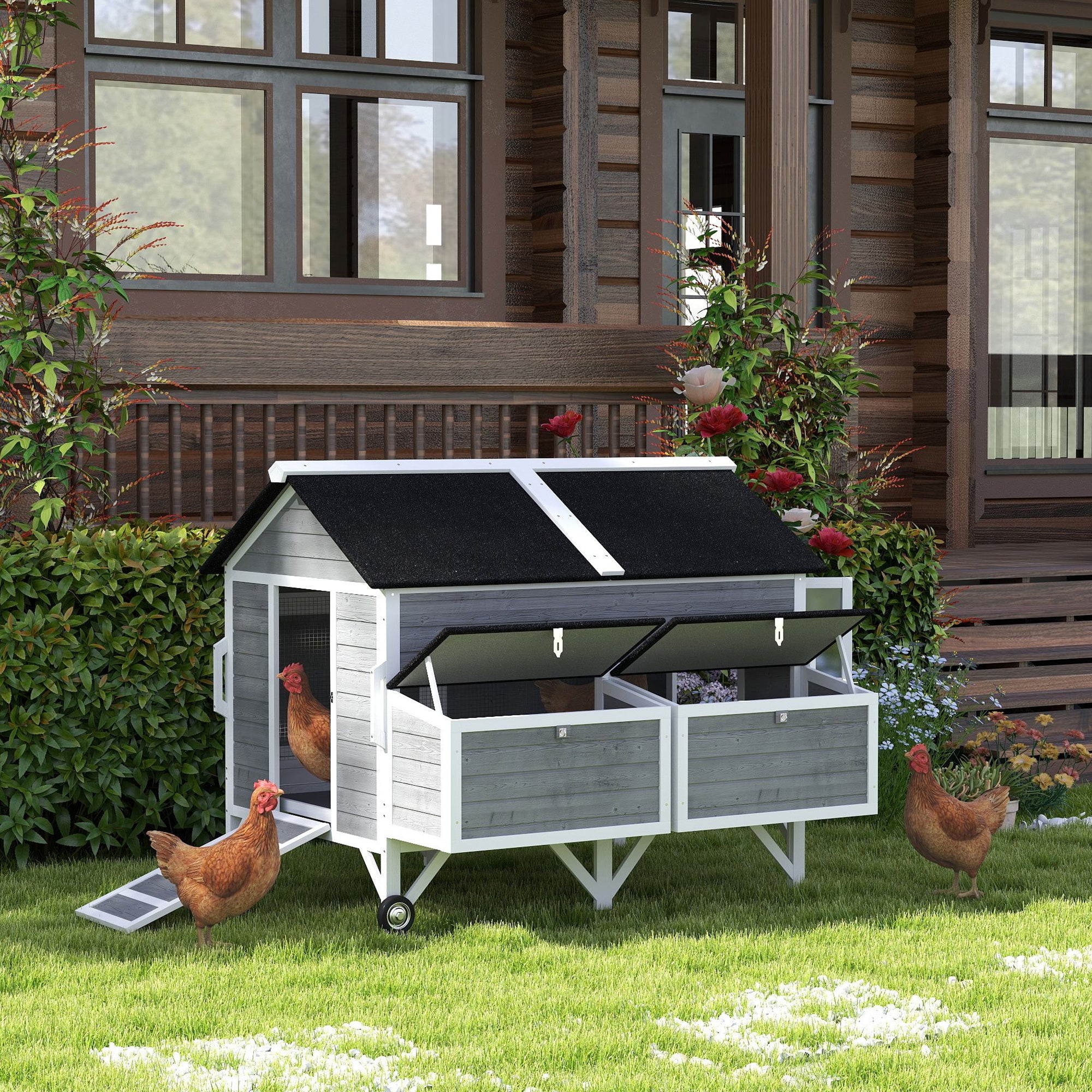 PawHut 59" Wooden Chicken Coop with Wheels and Handles, Mobile Chicken House with 2 Nesting Boxes, 2 Trays, 4 Perches, Chicken Tractor for 4-6 Chickens, Small Animals, Rabbit Hutch for Backyard, Gray