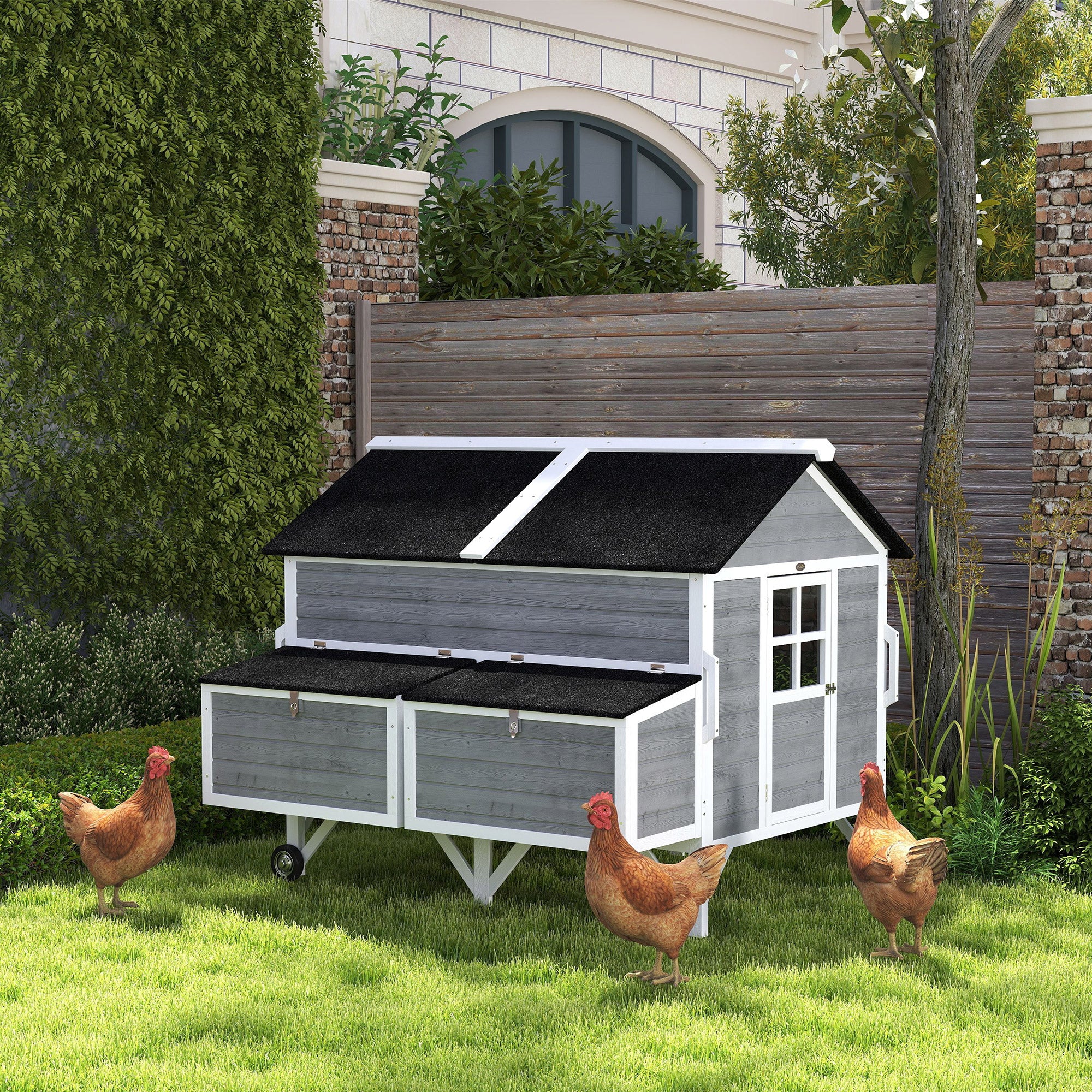 PawHut 59" Wooden Chicken Coop with Wheels and Handles, Mobile Chicken House with 2 Nesting Boxes, 2 Trays, 4 Perches, Chicken Tractor for 4-6 Chickens, Small Animals, Rabbit Hutch for Backyard, Gray
