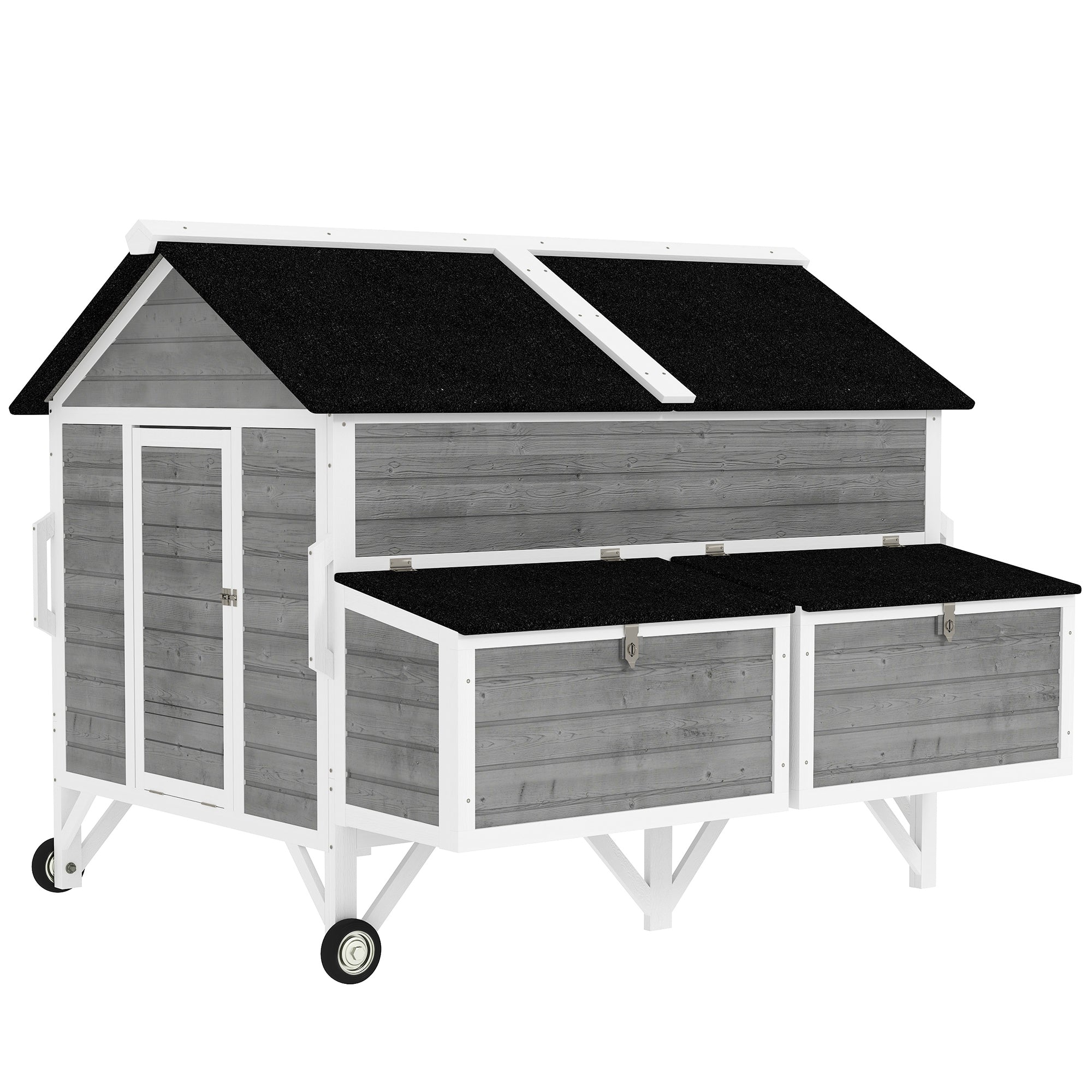 PawHut 59" Wooden Chicken Coop with Wheels and Handles, Mobile Chicken House with 2 Nesting Boxes, 2 Trays, 4 Perches, Chicken Tractor for 4-6 Chickens, Small Animals, Rabbit Hutch for Backyard, Gray