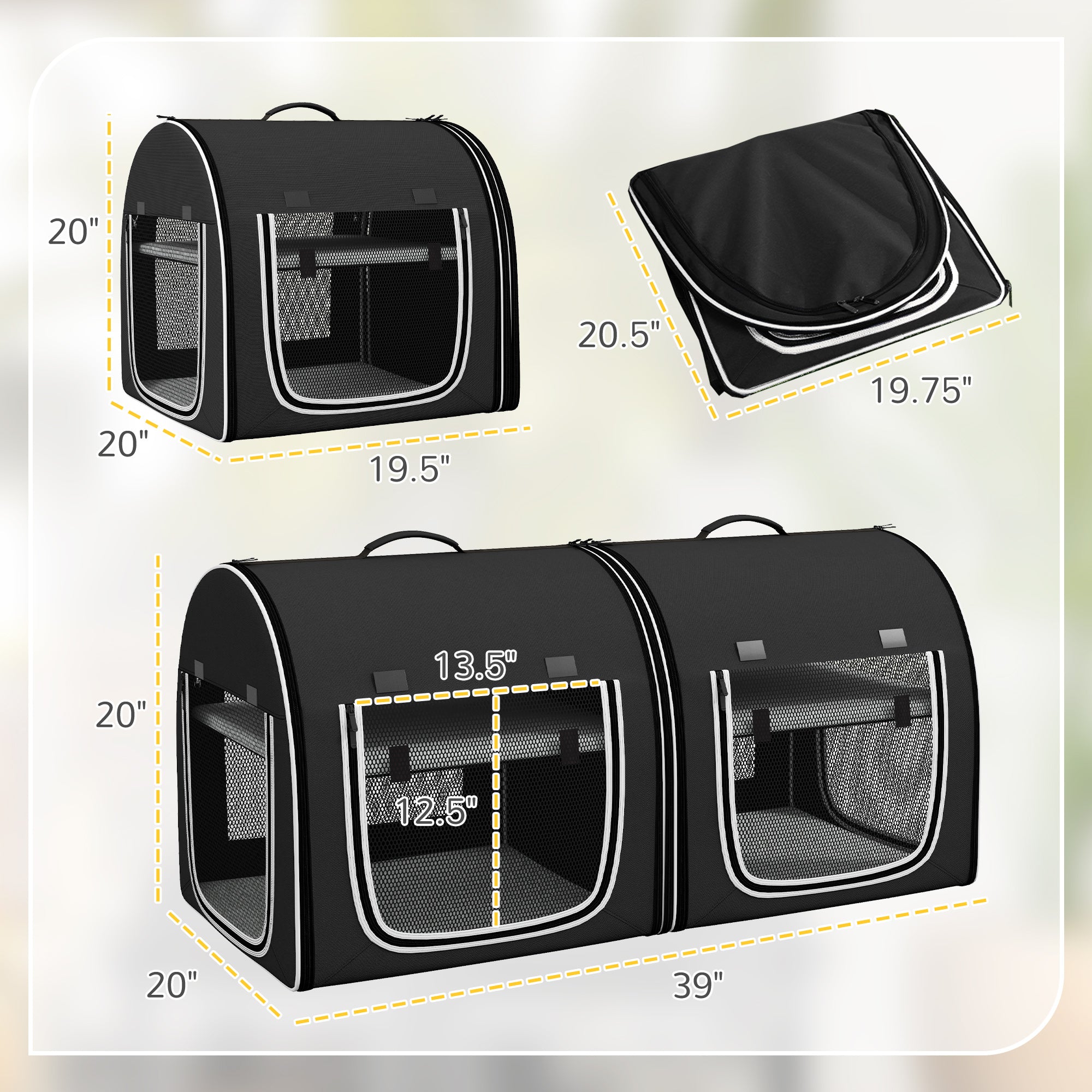 PawHut 39" Portable Soft-Sided Cat Carrier, Travel Pet Carrier with Divider, Two Compartments, Soft Cushions, & Storage Bag, Black