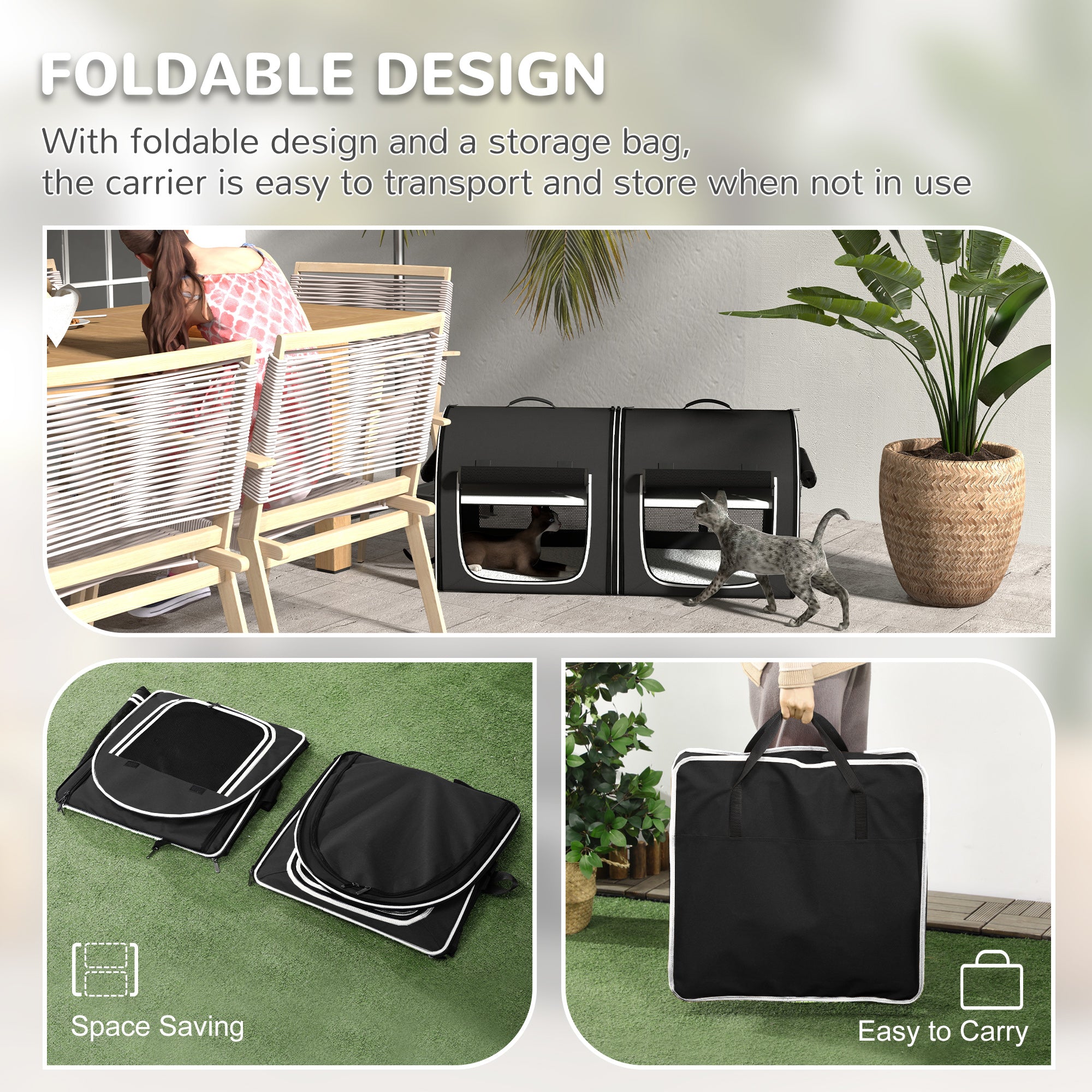 PawHut 39" Portable Soft-Sided Cat Carrier, Travel Pet Carrier with Divider, Two Compartments, Soft Cushions, & Storage Bag, Black