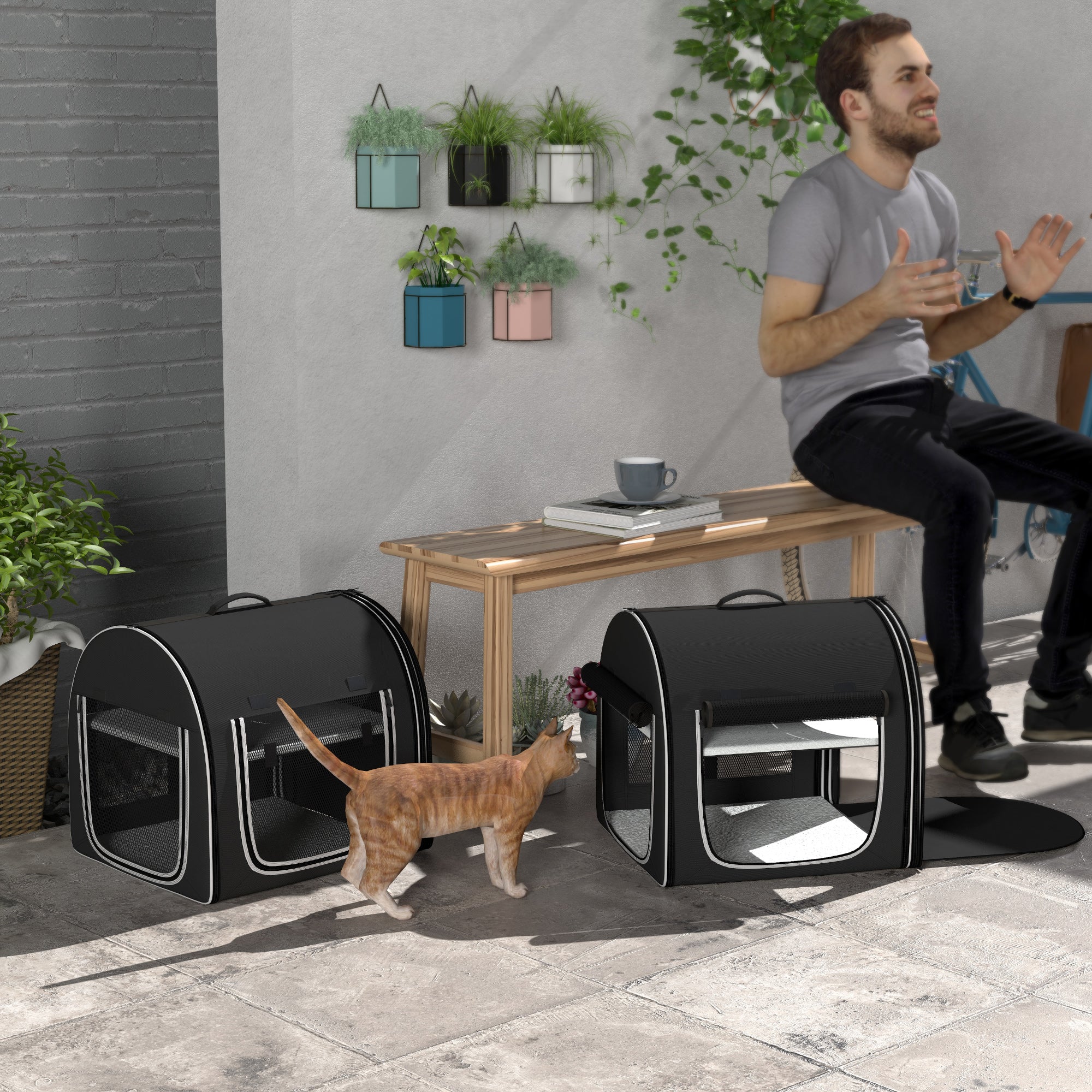 PawHut 39" Portable Soft-Sided Cat Carrier, Travel Pet Carrier with Divider, Two Compartments, Soft Cushions, & Storage Bag, Black