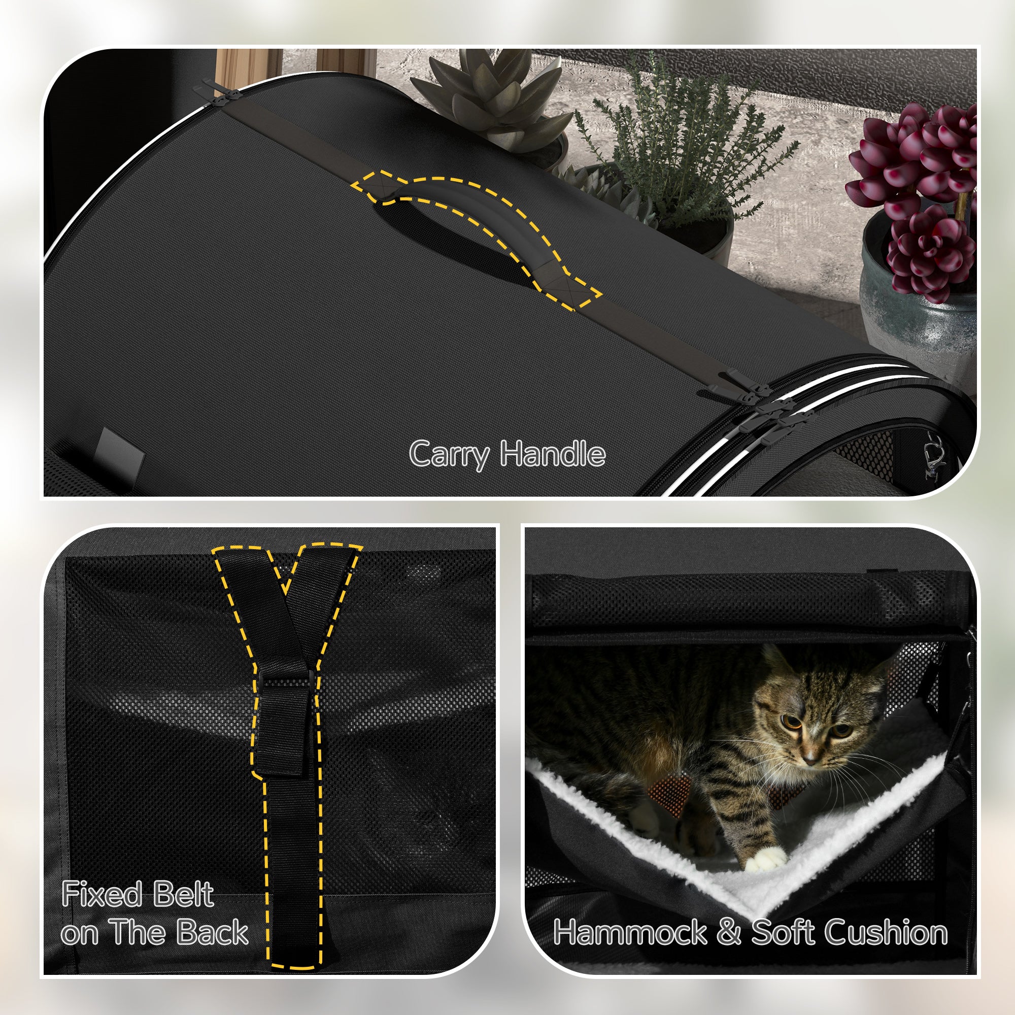 PawHut 39" Portable Soft-Sided Cat Carrier, Travel Pet Carrier with Divider, Two Compartments, Soft Cushions, & Storage Bag, Black