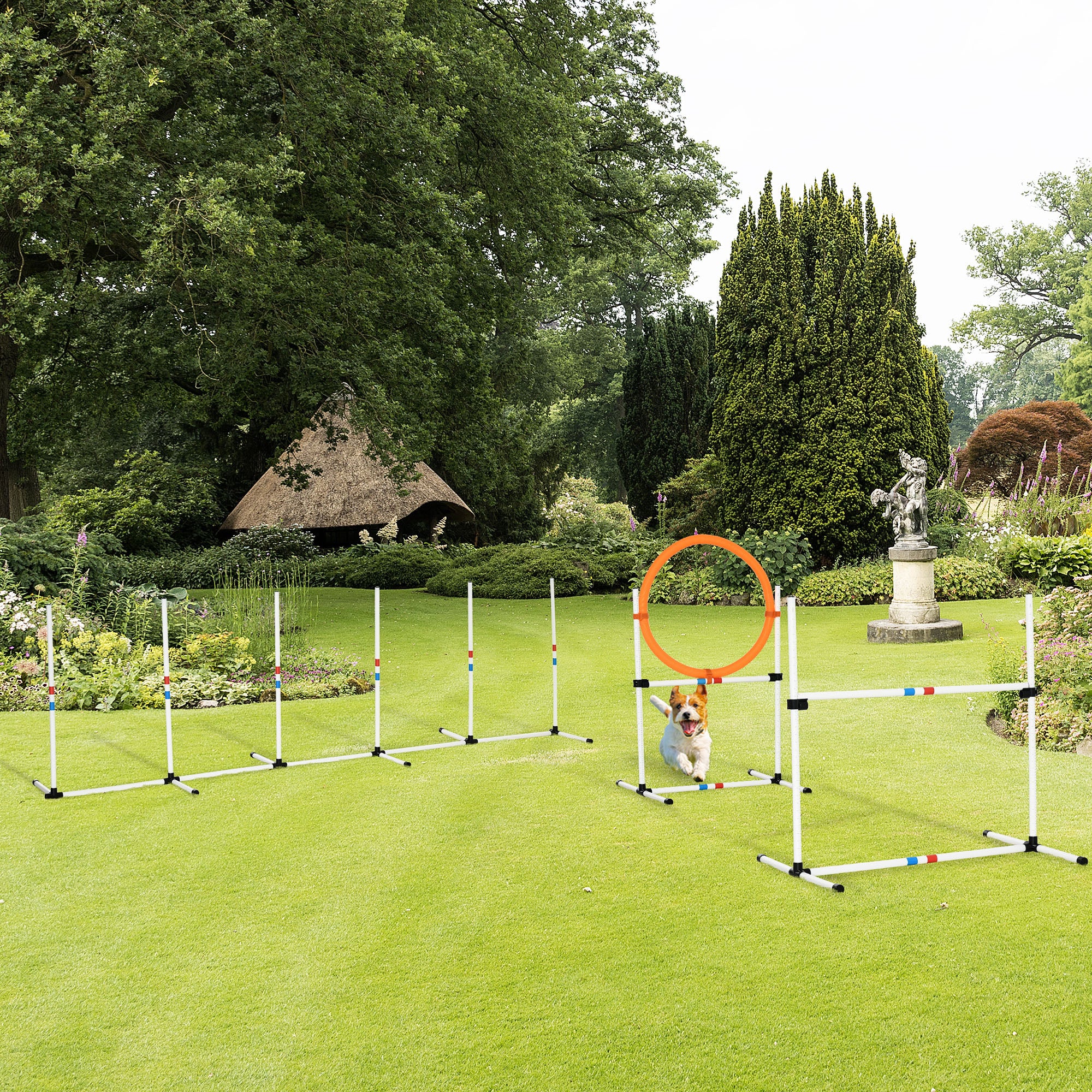 PawHut 3 Piece Dog Agility Training Equipment for Indoor & Outdoor, Dog Agility Equipment Set with High Jump, Jumping Ring, Weave Poles, Storage Bag, Withe, Blue and Orange