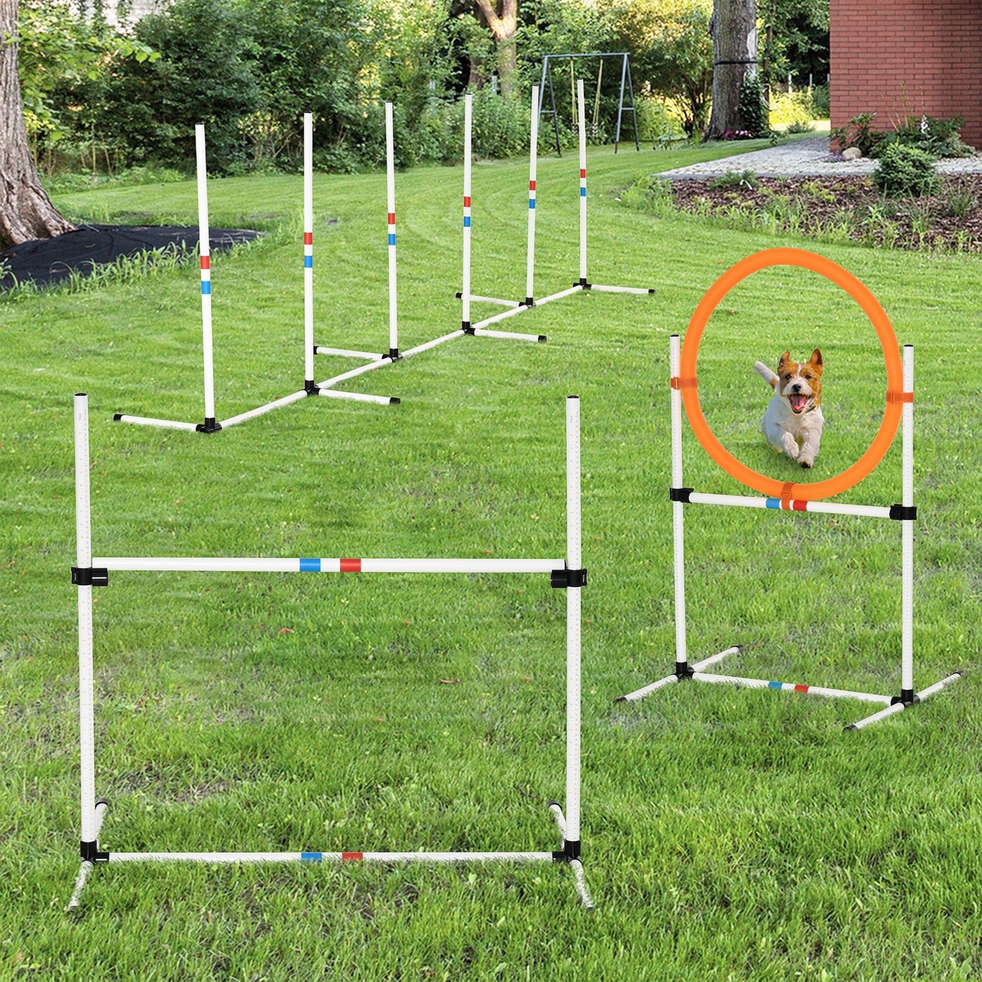PawHut 3 Piece Dog Agility Training Equipment for Indoor & Outdoor, Dog Agility Equipment Set with High Jump, Jumping Ring, Weave Poles, Storage Bag, Withe, Blue and Orange