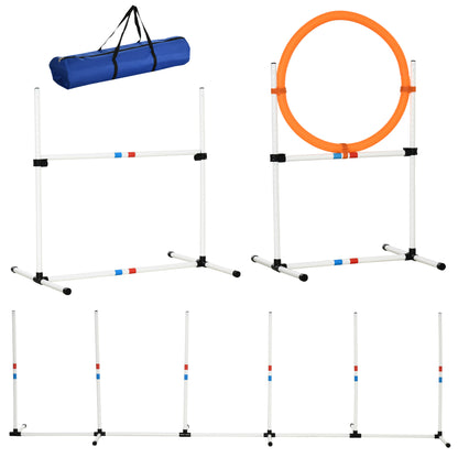 PawHut 3 Piece Dog Agility Training Equipment for Indoor & Outdoor, Dog Agility Equipment Set with High Jump, Jumping Ring, Weave Poles, Storage Bag, Withe, Blue and Orange
