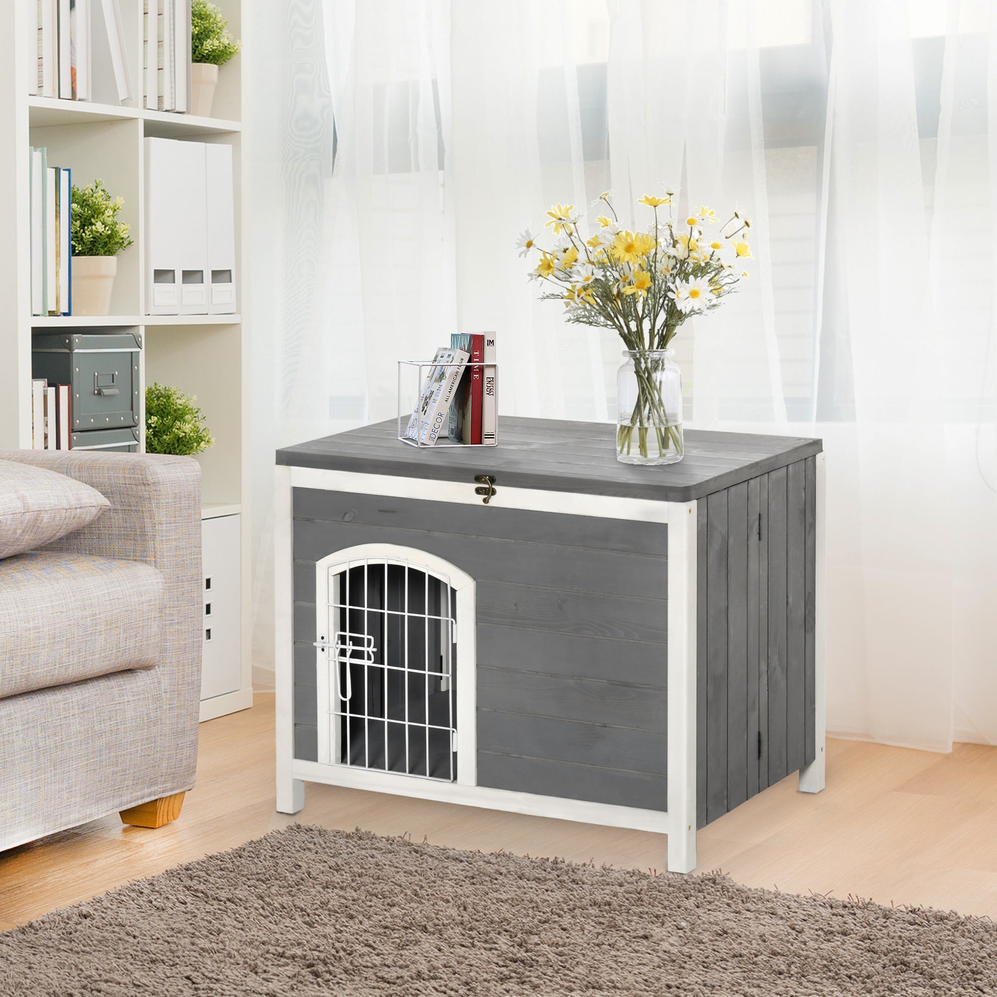 PawHut Foldable Wooden Dog House Raised Puppy Cage Kennel Cat Shelter for Indoor & Outdoor w/ Lockable Door Openable Roof Removable Bottom for Small and Medium Pets Grey