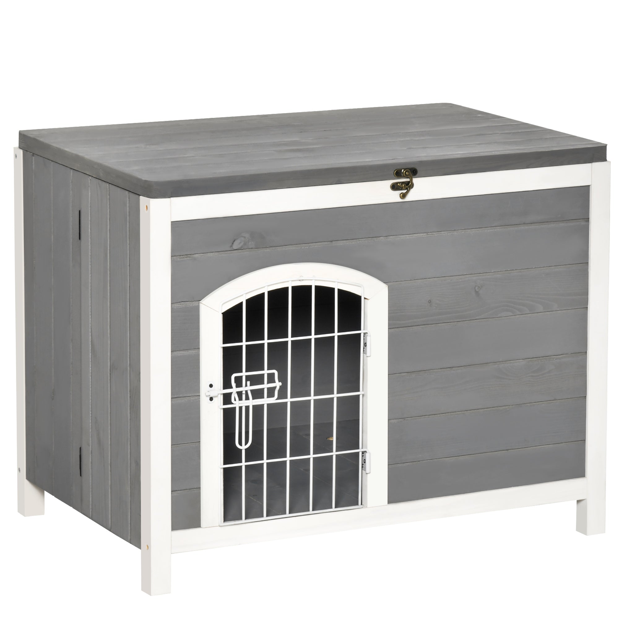 PawHut Foldable Wooden Dog House Raised Puppy Cage Kennel Cat Shelter for Indoor & Outdoor w/ Lockable Door Openable Roof Removable Bottom for Small and Medium Pets Grey