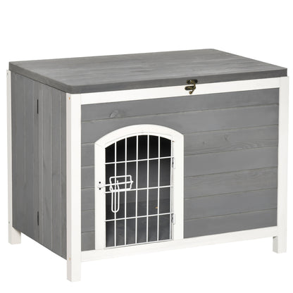 PawHut Foldable Wooden Dog House Raised Puppy Cage Kennel Cat Shelter for Indoor & Outdoor w/ Lockable Door Openable Roof Removable Bottom for Small and Medium Pets Grey