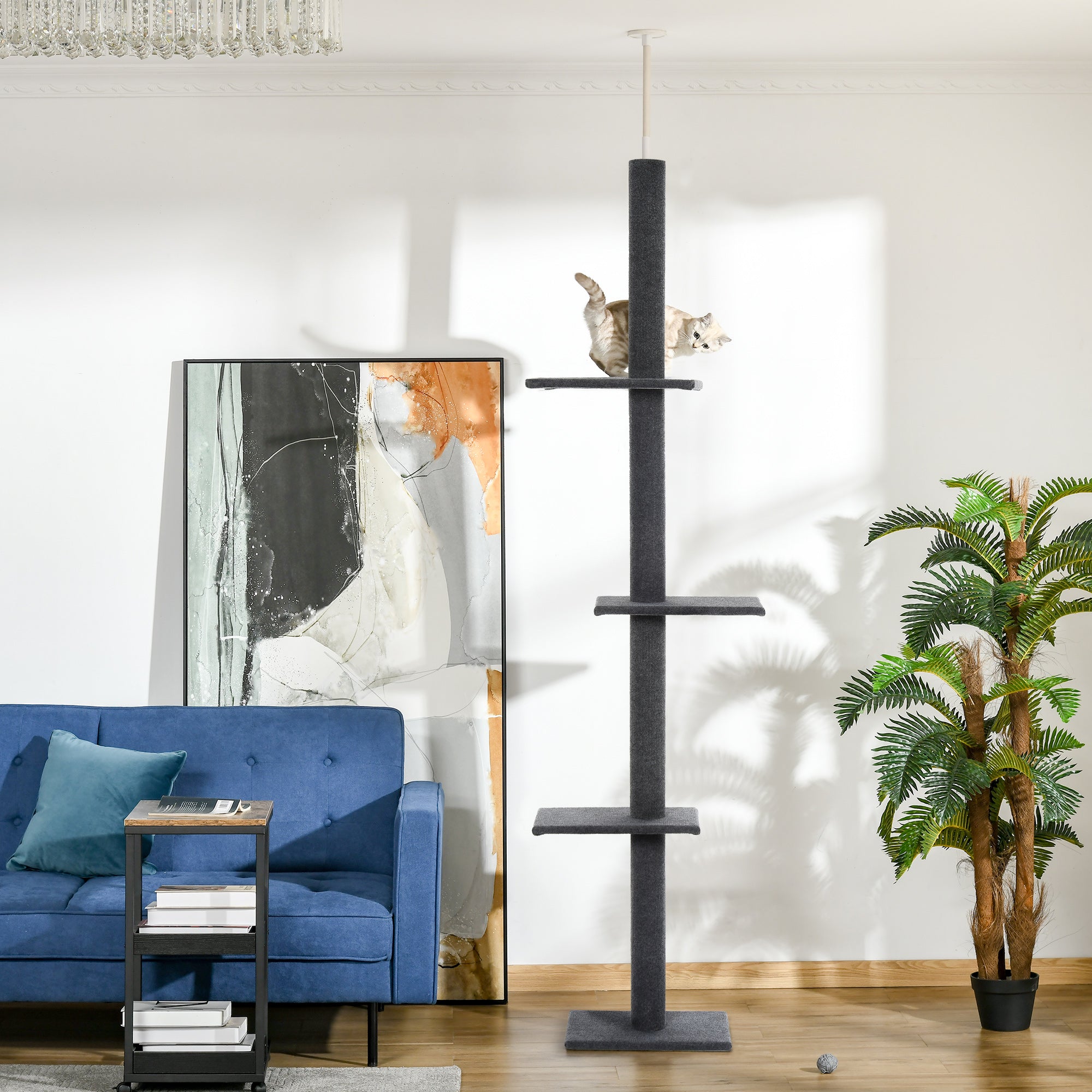 PawHut Floor-to-Ceiling Cat Tree Cat Climbing Tower with Sisal-Covered Scratching Posts Natural Cat Tree Activity Center for Kittens Cat Tower Furniture, Gray