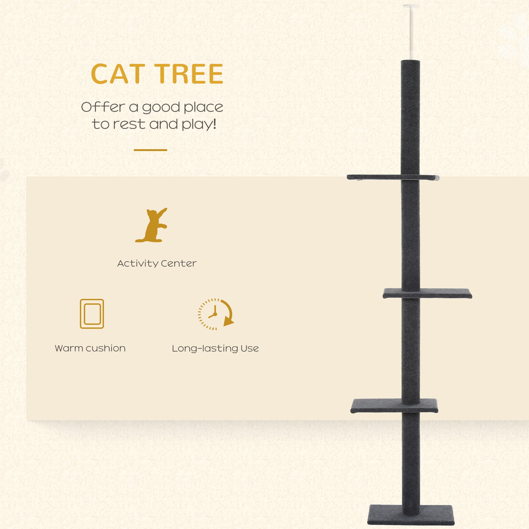 PawHut Floor-to-Ceiling Cat Tree Cat Climbing Tower with Sisal-Covered Scratching Posts Natural Cat Tree Activity Center for Kittens Cat Tower Furniture, Gray