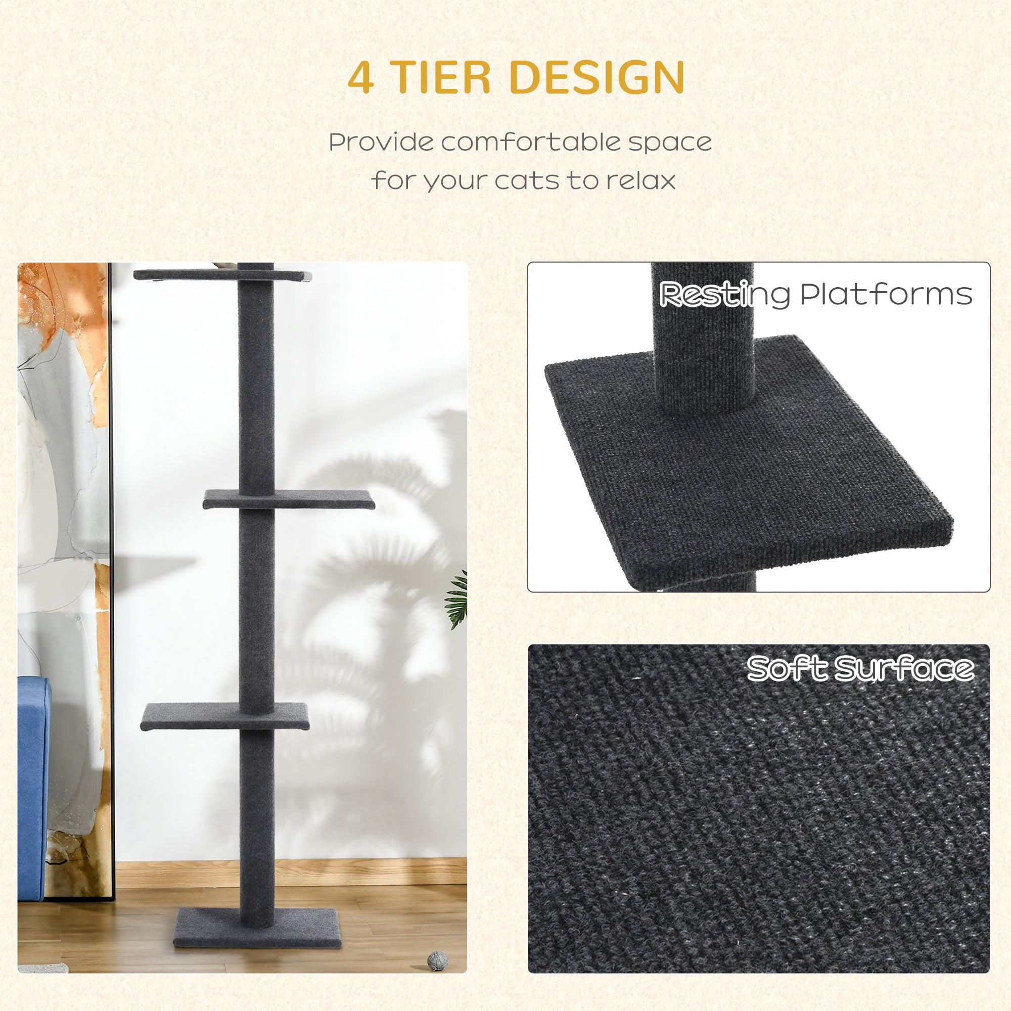 PawHut Floor-to-Ceiling Cat Tree Cat Climbing Tower with Sisal-Covered Scratching Posts Natural Cat Tree Activity Center for Kittens Cat Tower Furniture, Gray