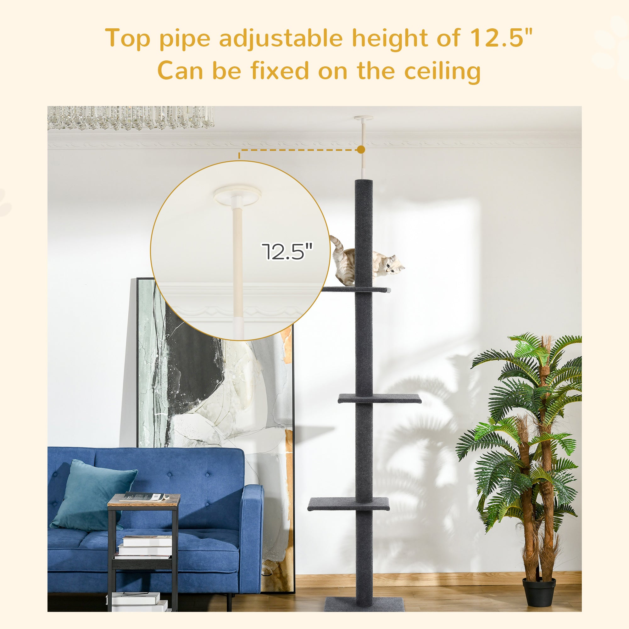 PawHut Floor-to-Ceiling Cat Tree Cat Climbing Tower with Sisal-Covered Scratching Posts Natural Cat Tree Activity Center for Kittens Cat Tower Furniture, Gray