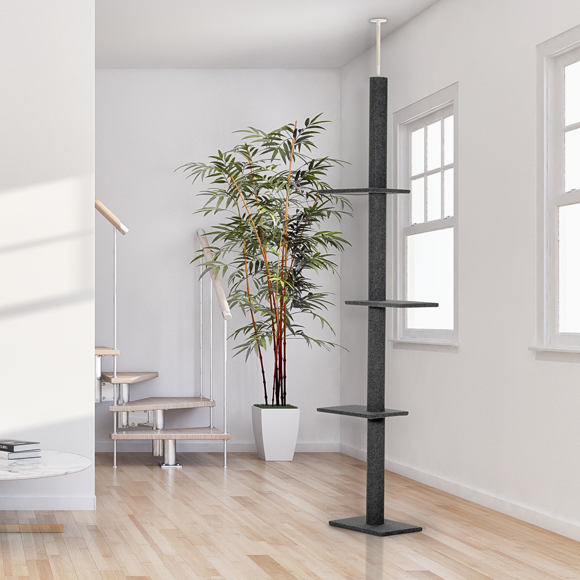 PawHut Floor-to-Ceiling Cat Tree Cat Climbing Tower with Sisal-Covered Scratching Posts Natural Cat Tree Activity Center for Kittens Cat Tower Furniture, Gray