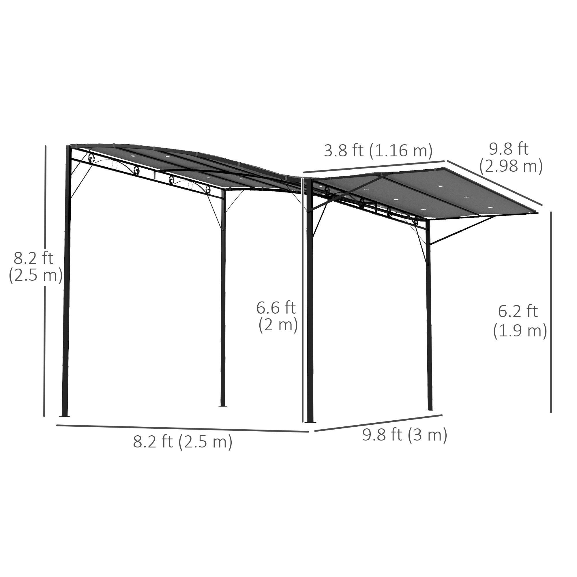 Outsunny 10x8ft Patio Metal Gazebo with Extendable Side Awning, Outdoor Shelter Garden Sun Shade Canopy Deck Door Window Awning, Dark Grey