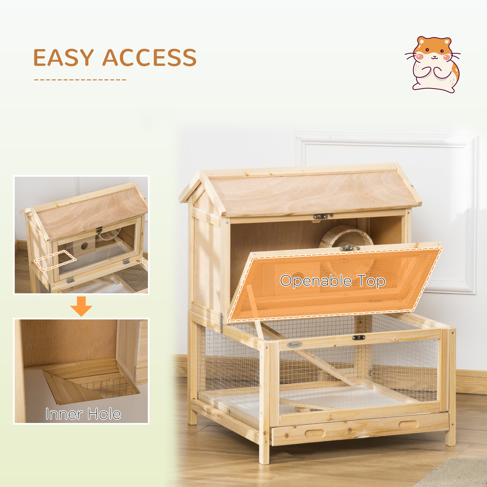 PawHut Wooden Hamster Cage with Pull-Out Tray, Two Tier Small Animal Hutch with Openable Top, Ladder, Seesaw, Running Wheel,  - Natural