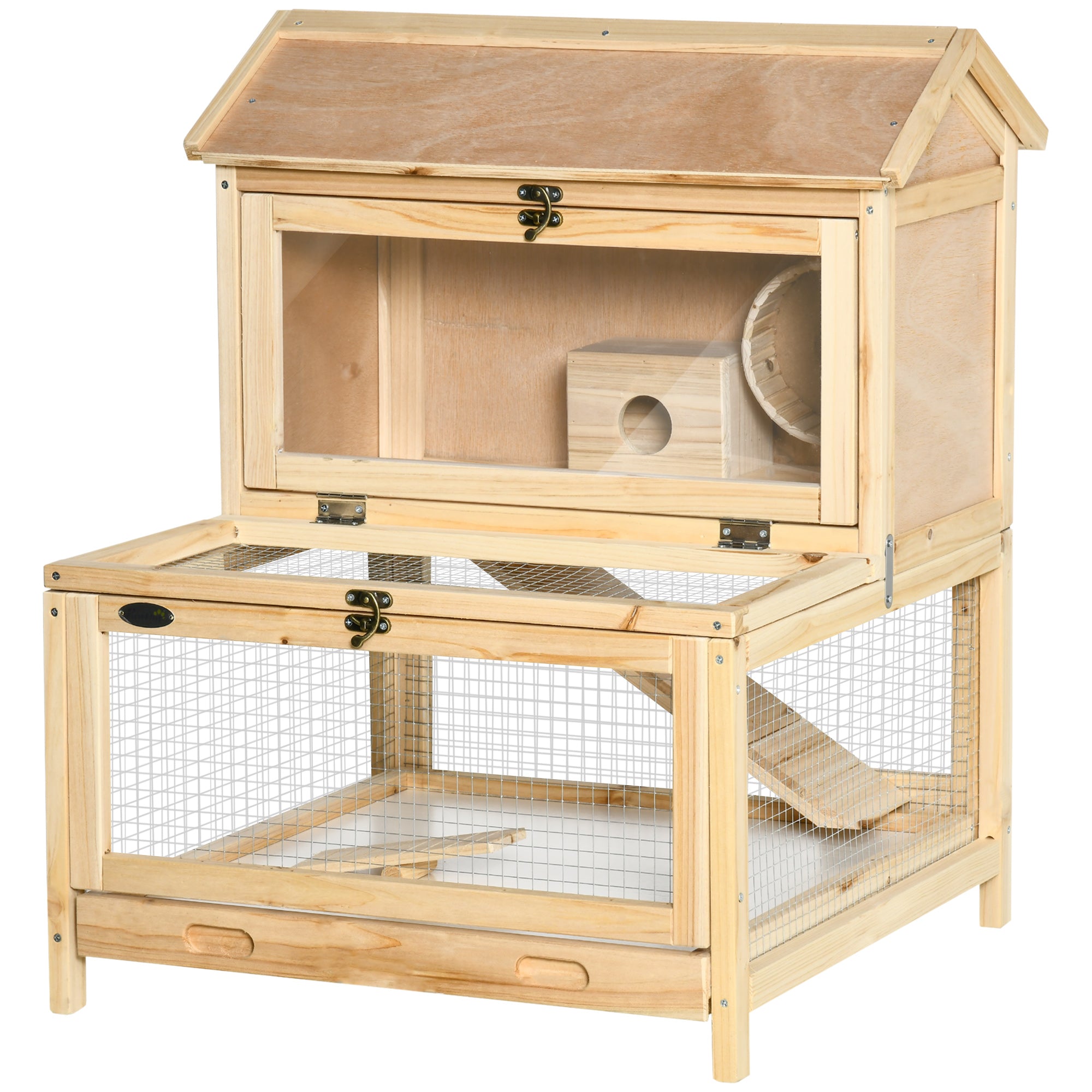 PawHut Wooden Hamster Cage with Pull-Out Tray, Two Tier Small Animal Hutch with Openable Top, Ladder, Seesaw, Running Wheel,  - Natural