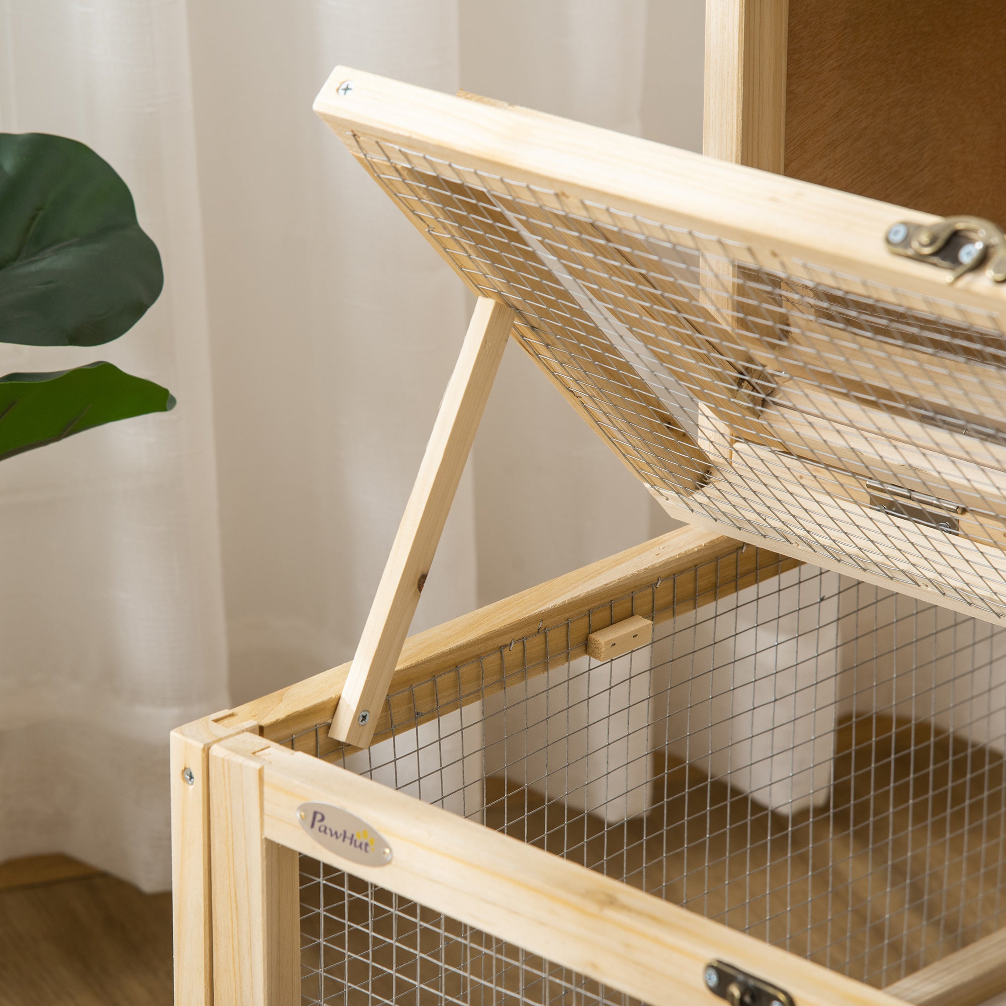 PawHut Wooden Hamster Cage with Pull-Out Tray, Two Tier Small Animal Hutch with Openable Top, Ladder, Seesaw, Running Wheel,  - Natural