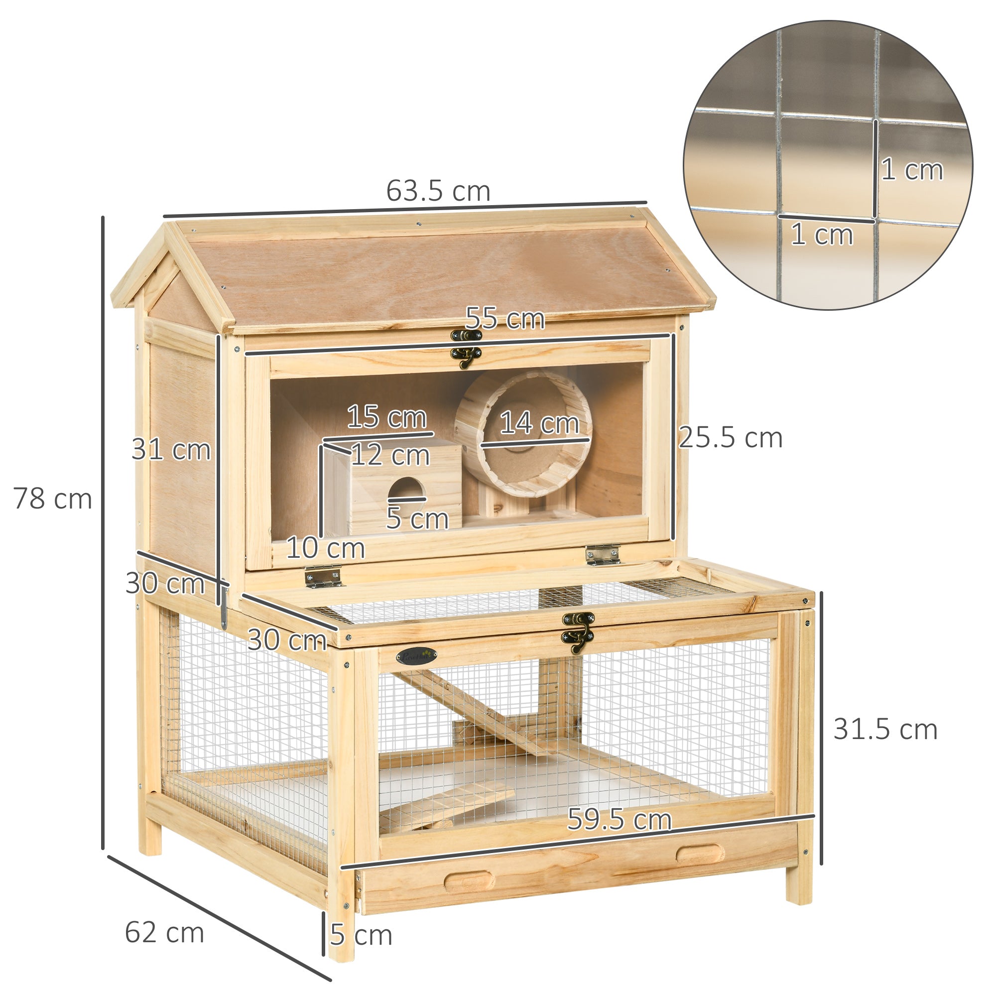 PawHut Wooden Hamster Cage with Pull-Out Tray, Two Tier Small Animal Hutch with Openable Top, Ladder, Seesaw, Running Wheel,  - Natural