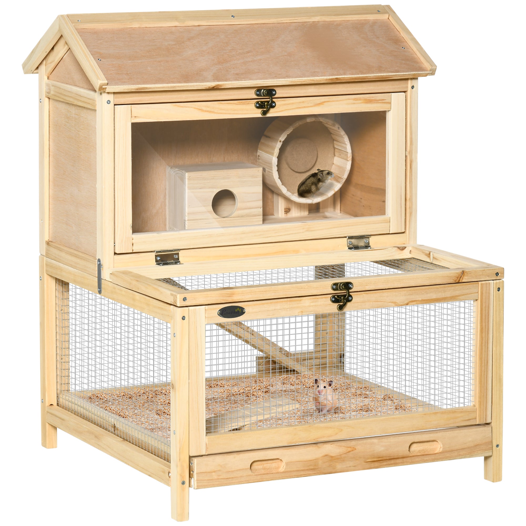 PawHut Wooden Hamster Cage with Pull-Out Tray, Two Tier Small Animal Hutch with Openable Top, Ladder, Seesaw, Running Wheel,  - Natural