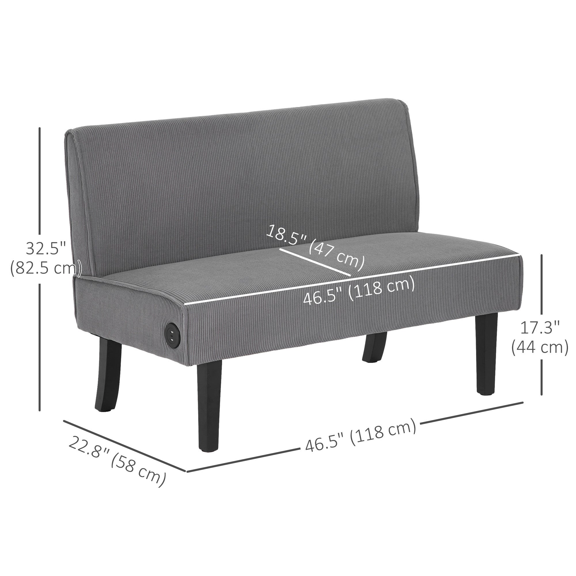 HOMCOM 46.5" Loveseat with USB/USB-C Ports, Modern Love Seat with Rubber Wood Legs, Corduroy 2 Seater Sofa Couch for Living Room, Bedroom, Home Office, Small Space, Grey