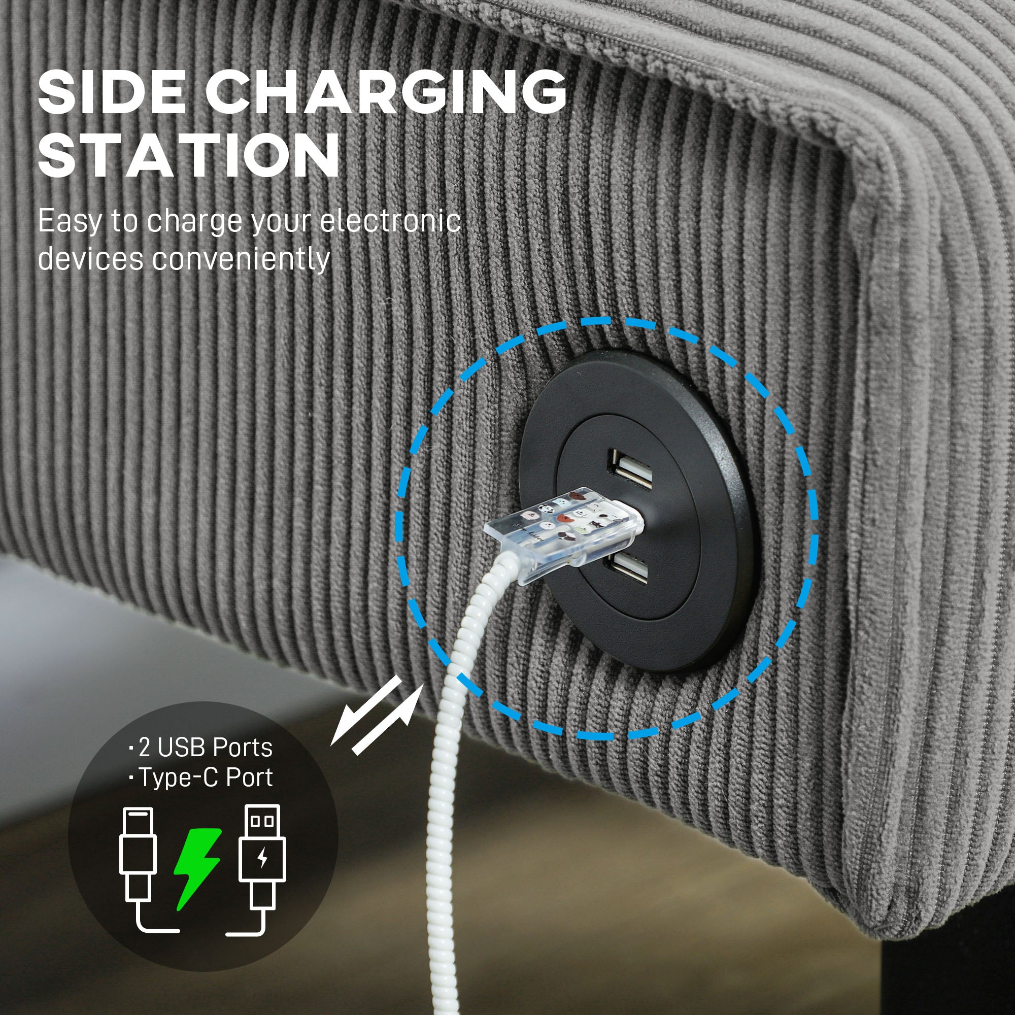 HOMCOM 46.5" Loveseat with USB/USB-C Ports, Modern Love Seat with Rubber Wood Legs, Corduroy 2 Seater Sofa Couch for Living Room, Bedroom, Home Office, Small Space, Grey