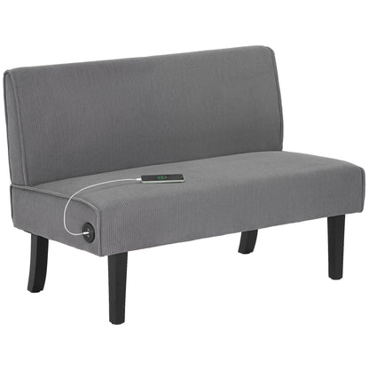 HOMCOM 46.5" Loveseat with USB/USB-C Ports, Modern Love Seat with Rubber Wood Legs, Corduroy 2 Seater Sofa Couch for Living Room, Bedroom, Home Office, Small Space, Grey
