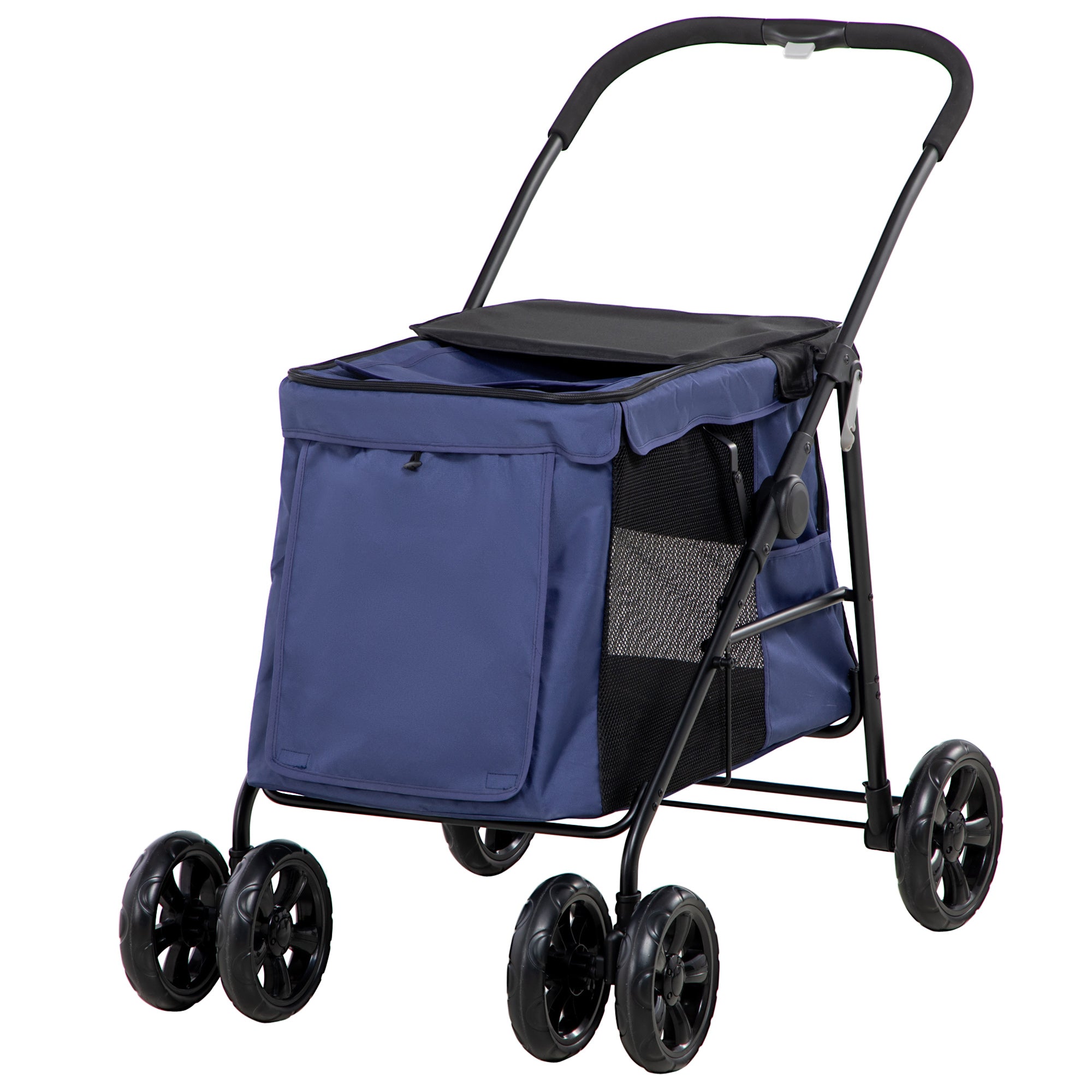 PawHut Dog Pram Dog Stroller 4 Wheels Pet Pushchair with Rolling Door, Cushion, Safety Leashes, for Small and Medium Dogs, Dark Blue