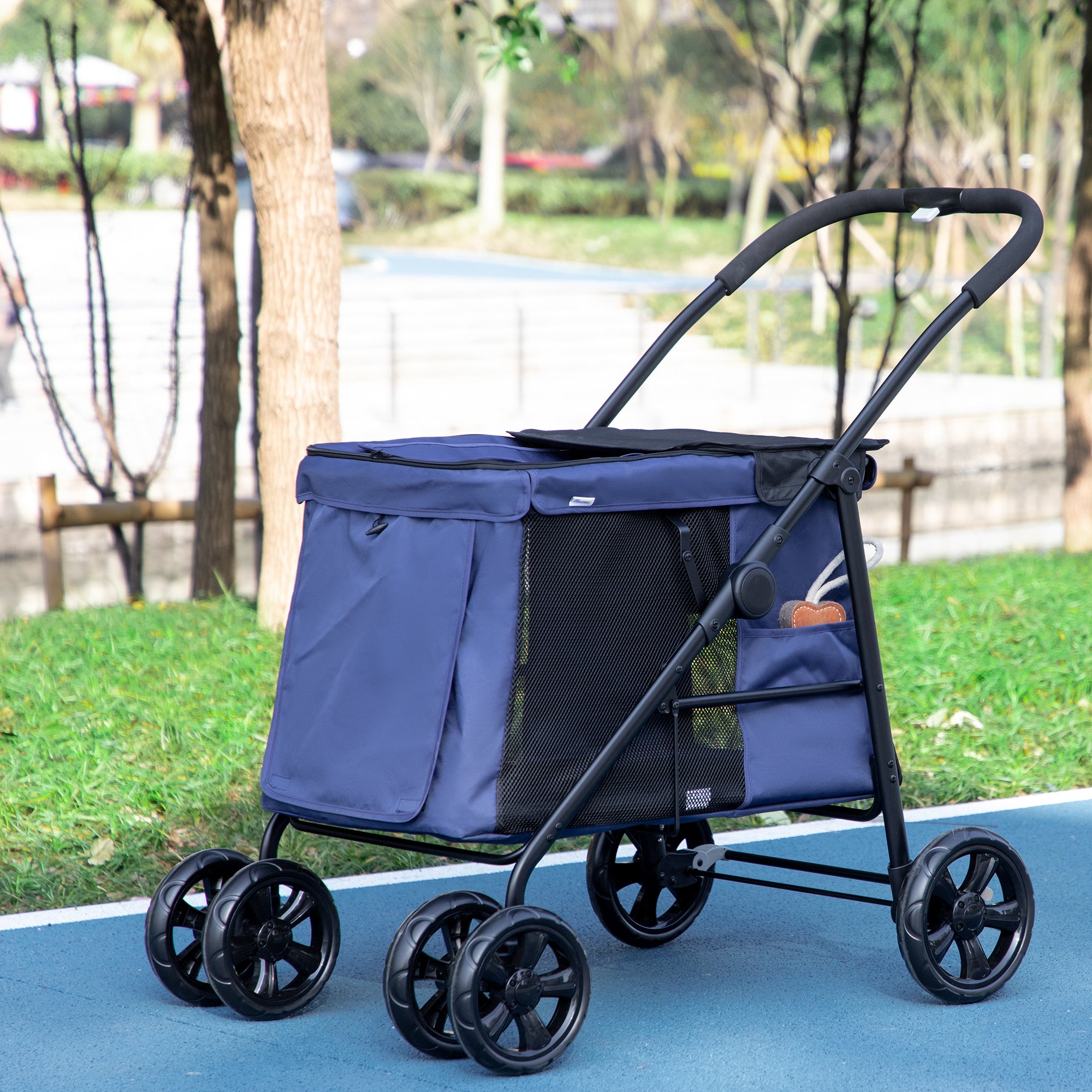 PawHut Dog Pram Dog Stroller 4 Wheels Pet Pushchair with Rolling Door, Cushion, Safety Leashes, for Small and Medium Dogs, Dark Blue