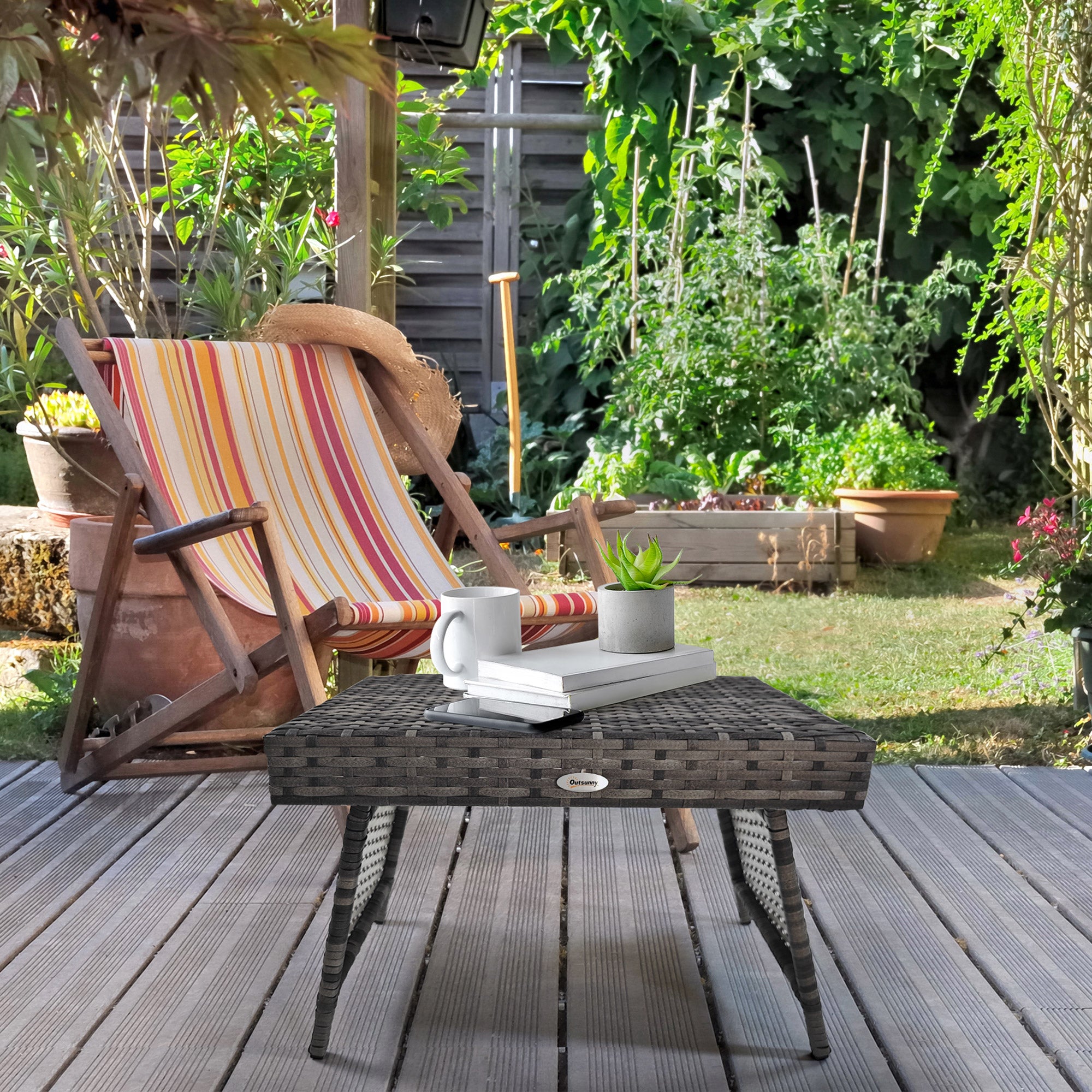 Outsunny Outdoor Rattan Foldable End Table, Metal Frame Patio Wicker Table, Coffee Table Side Table for Poolside, Lawn, Garden, Mixed Grey