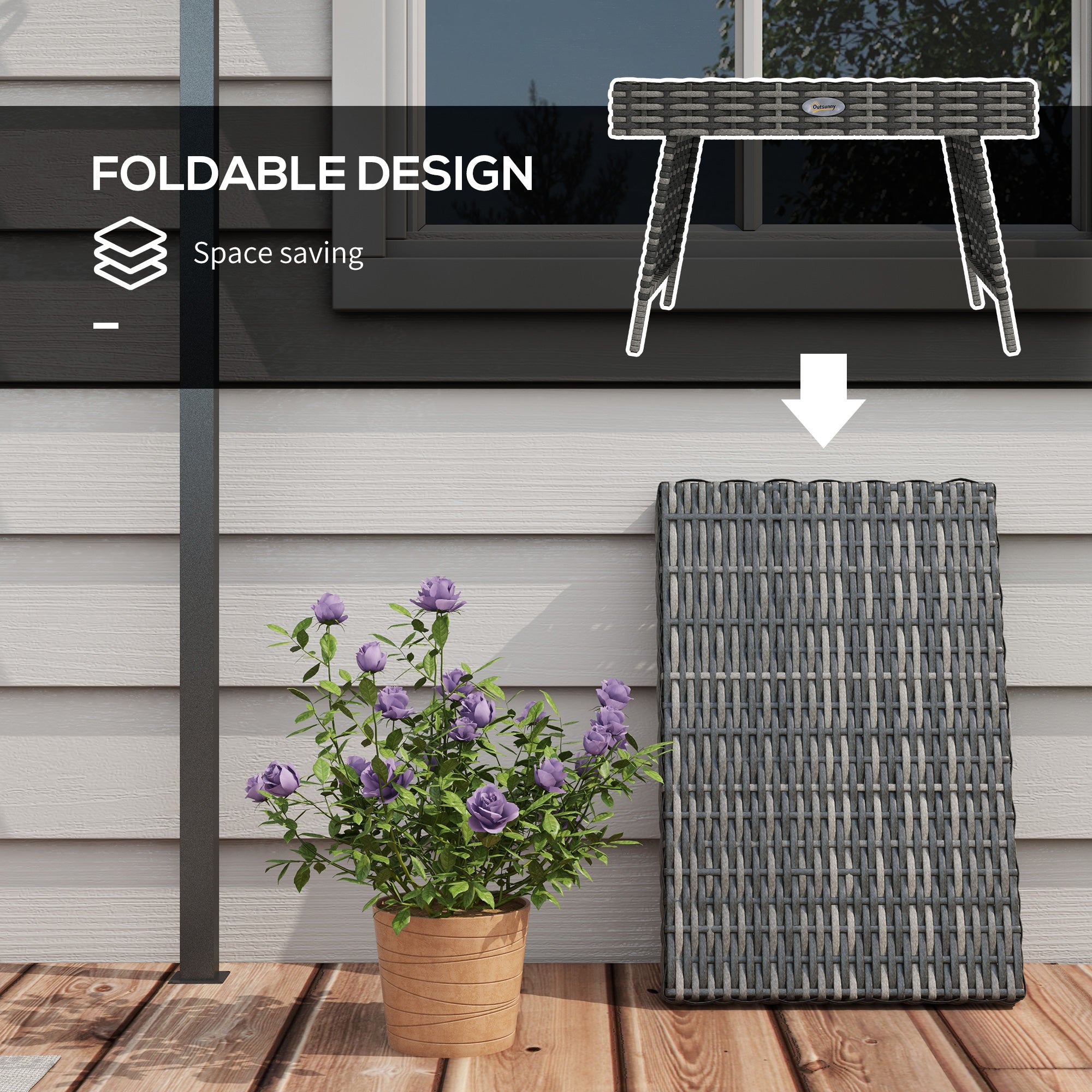 Outsunny Outdoor Rattan Foldable End Table, Metal Frame Patio Wicker Table, Coffee Table Side Table for Poolside, Lawn, Garden, Mixed Grey