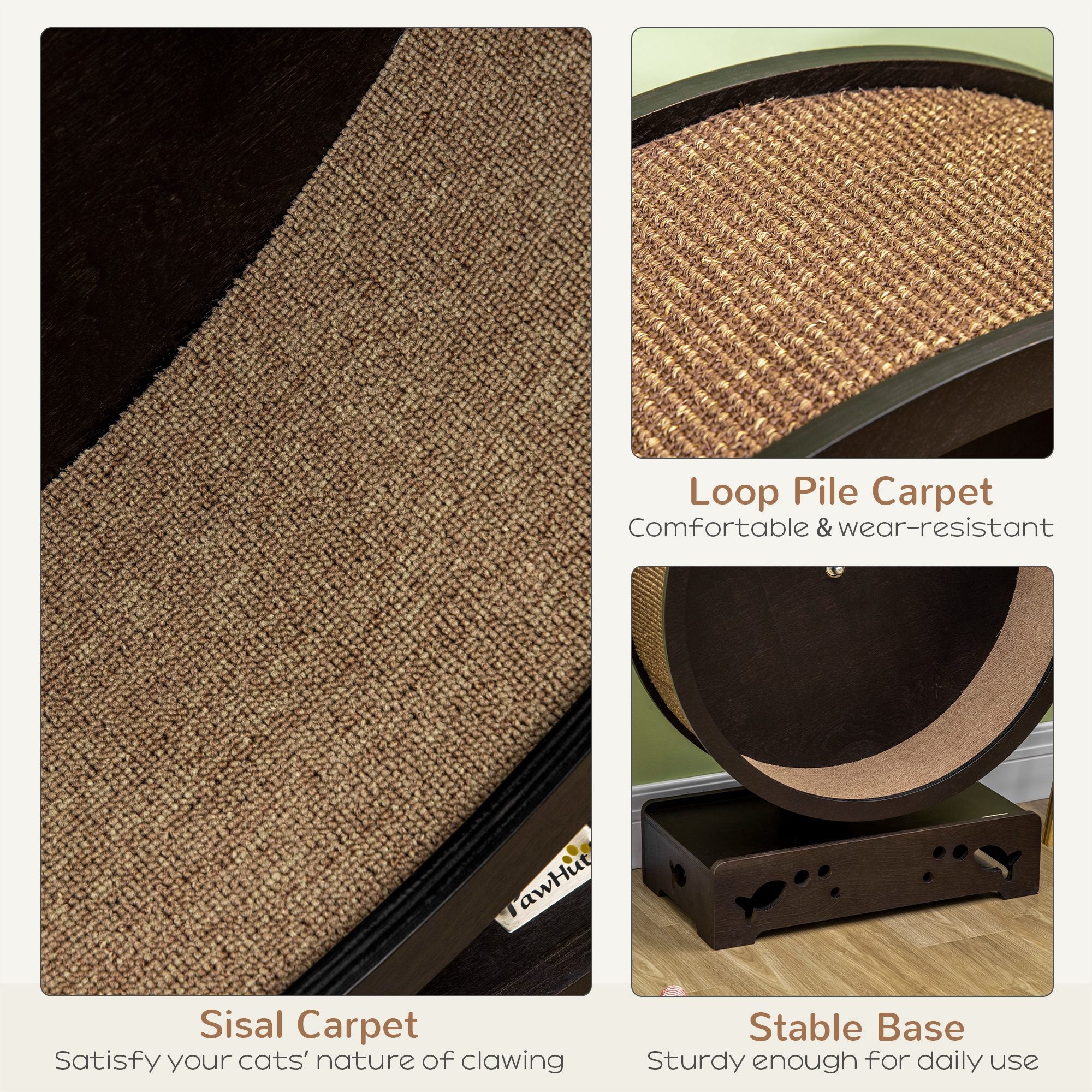PawHut Round Hamster-Wheel Style Cat Exercise Wheel with Carpet Runway, Wooden Sisal-Covered with Unique Design Grey Brown