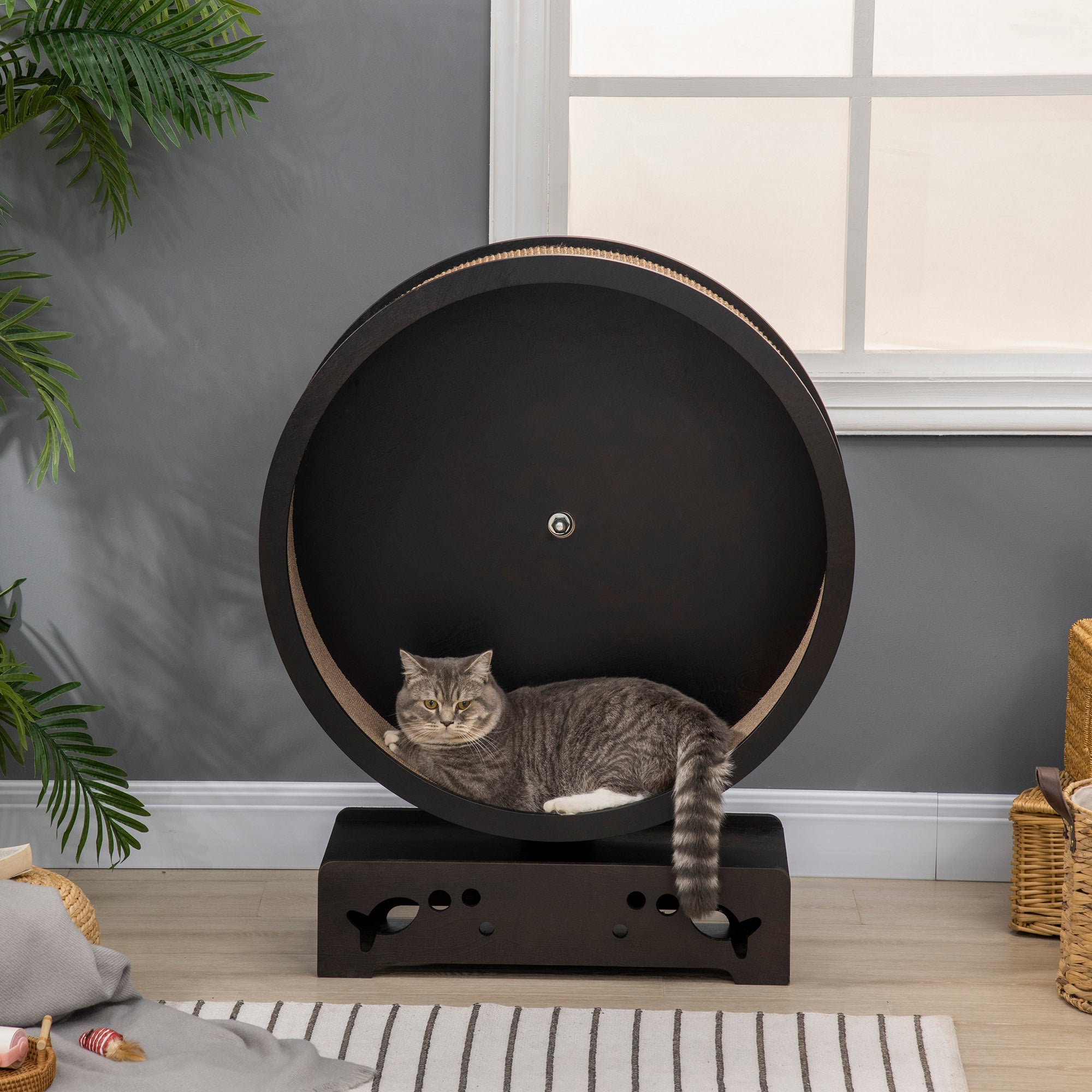 PawHut Round Hamster-Wheel Style Cat Exercise Wheel with Carpet Runway, Wooden Sisal-Covered with Unique Design Grey Brown
