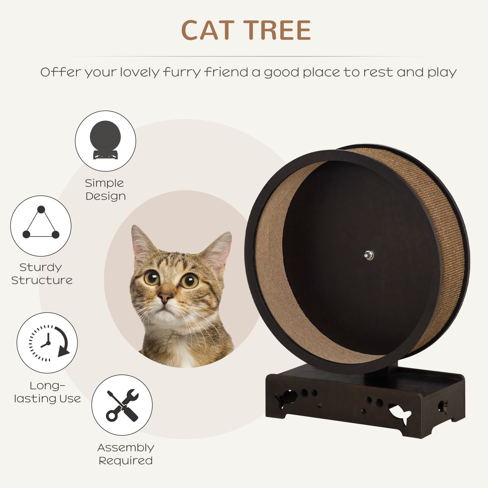 PawHut Round Hamster-Wheel Style Cat Exercise Wheel with Carpet Runway, Wooden Sisal-Covered with Unique Design Grey Brown