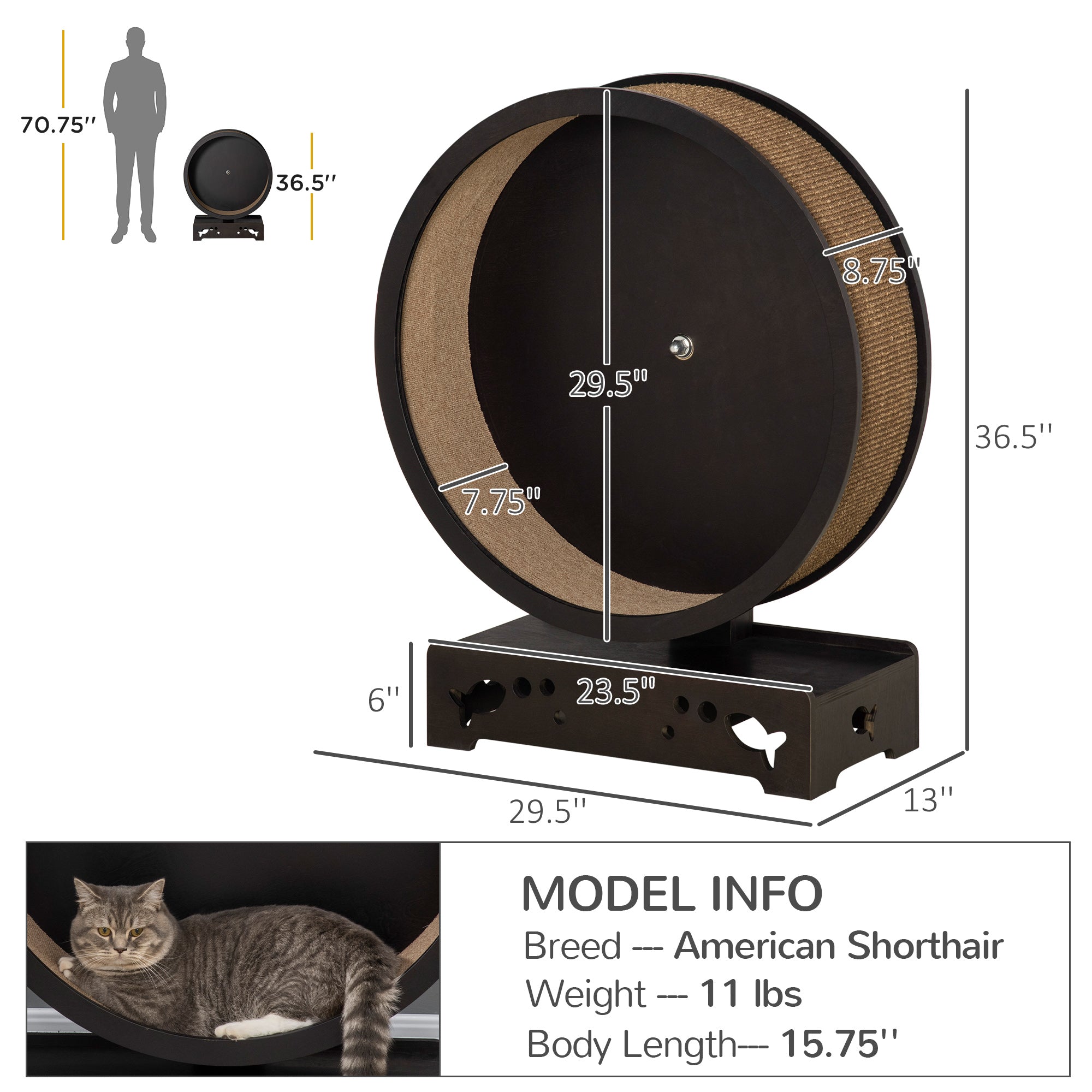 PawHut Round Hamster-Wheel Style Cat Exercise Wheel with Carpet Runway, Wooden Sisal-Covered with Unique Design Grey Brown