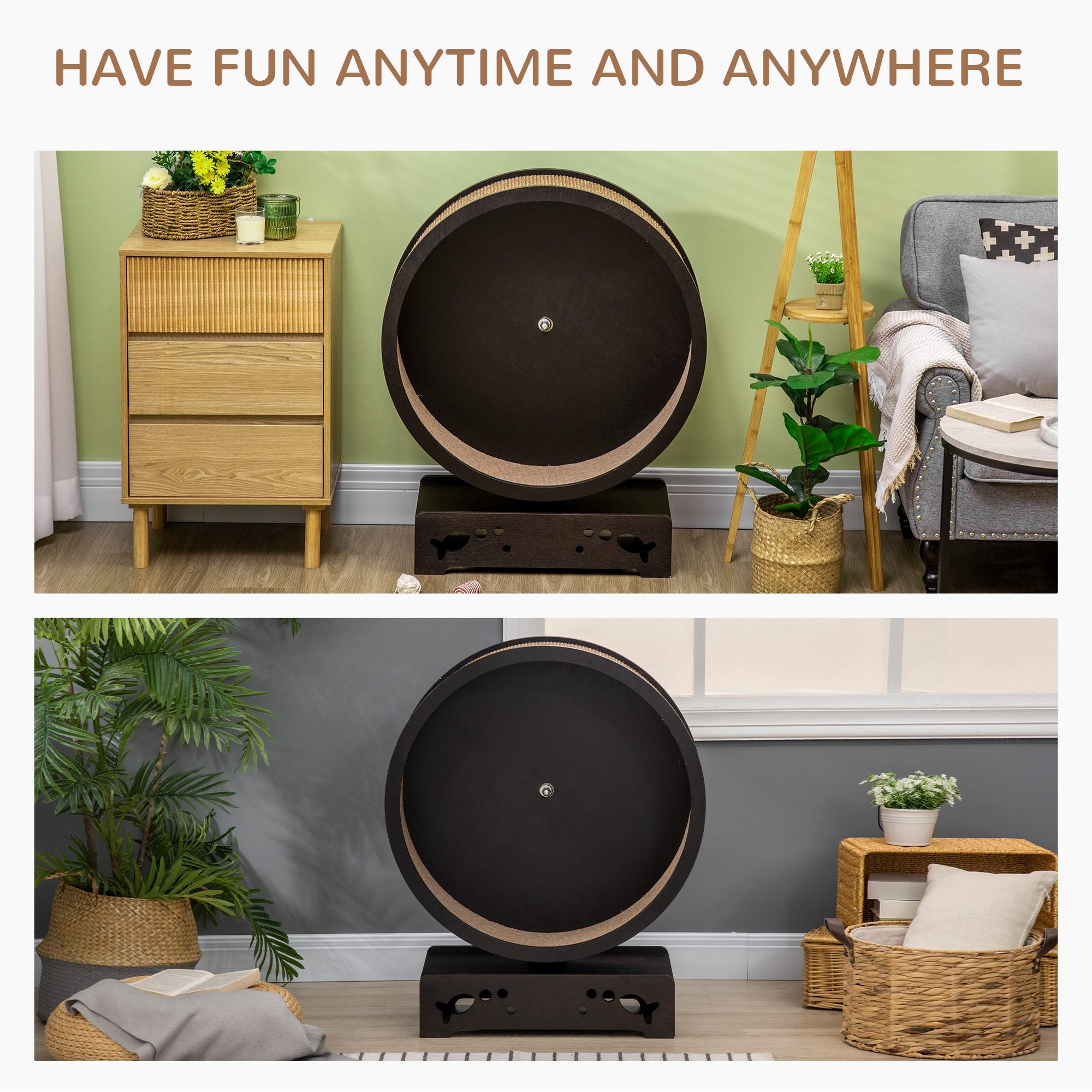 PawHut Round Hamster-Wheel Style Cat Exercise Wheel with Carpet Runway, Wooden Sisal-Covered with Unique Design Grey Brown