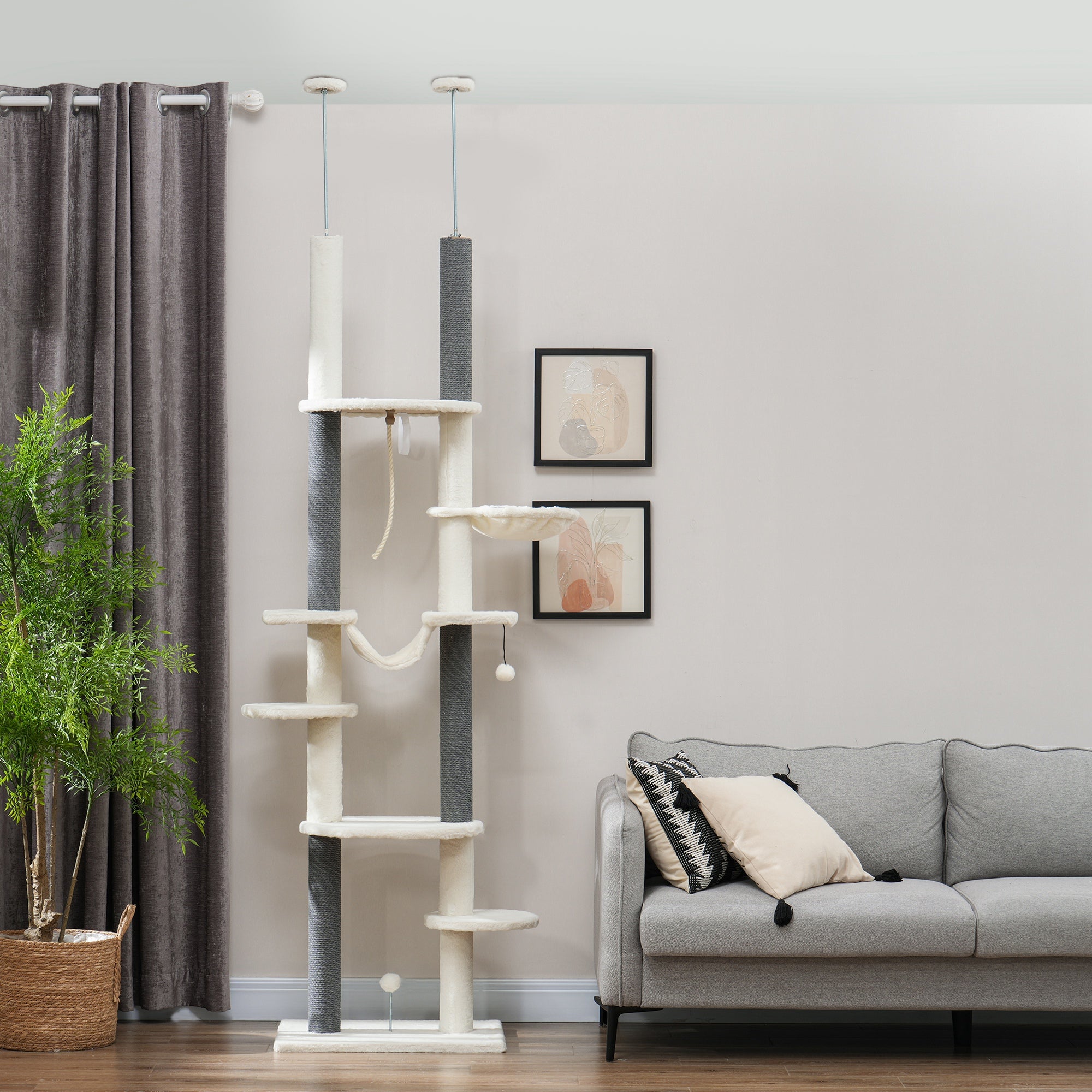 PawHut Cat Tree Tower, Floor to Ceiling Cat Tree, Adjustable Height (89"- 100"), 7 Tier Cat Tower with Scratching Posts, Hammock, Perches, Toy Balls & Rope Cat Toy for Indoor Cats, White