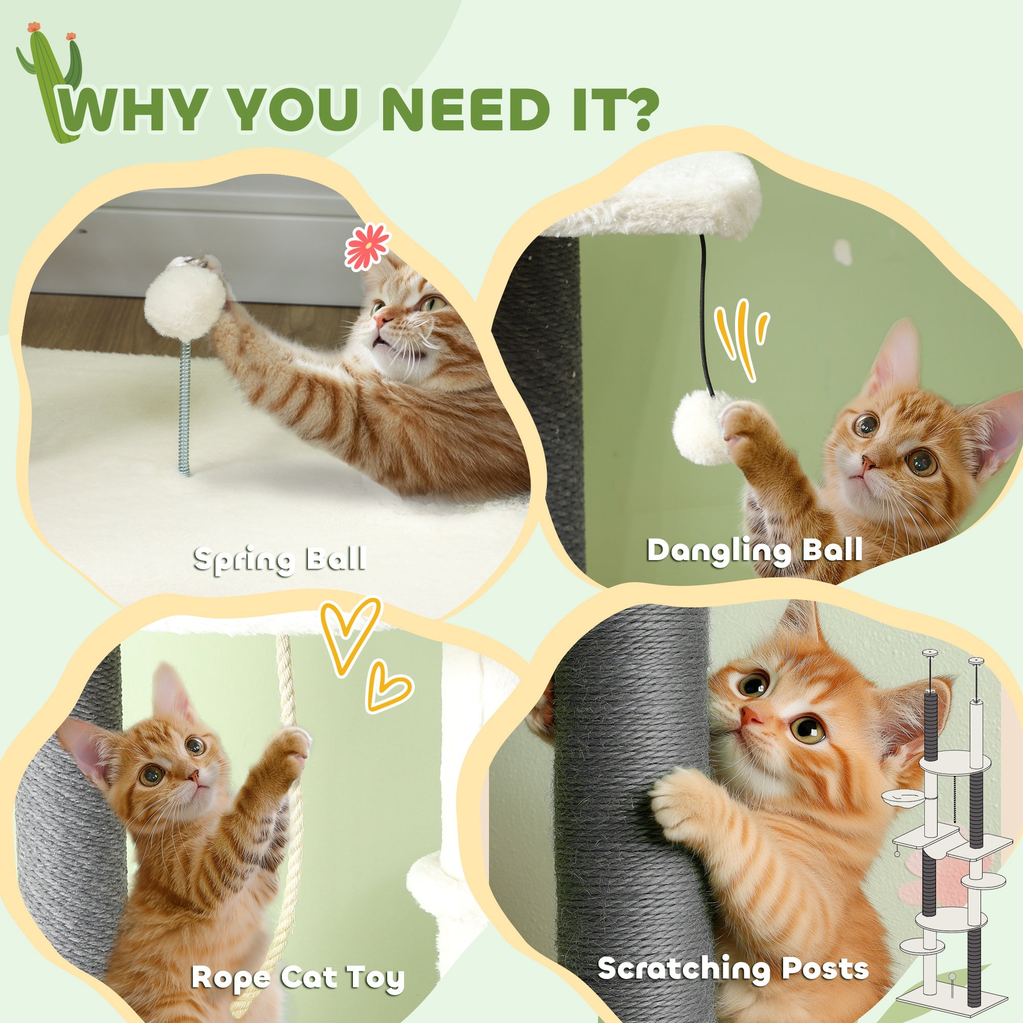 PawHut Cat Tree Tower, Floor to Ceiling Cat Tree, Adjustable Height (89"- 100"), 7 Tier Cat Tower with Scratching Posts, Hammock, Perches, Toy Balls & Rope Cat Toy for Indoor Cats, White