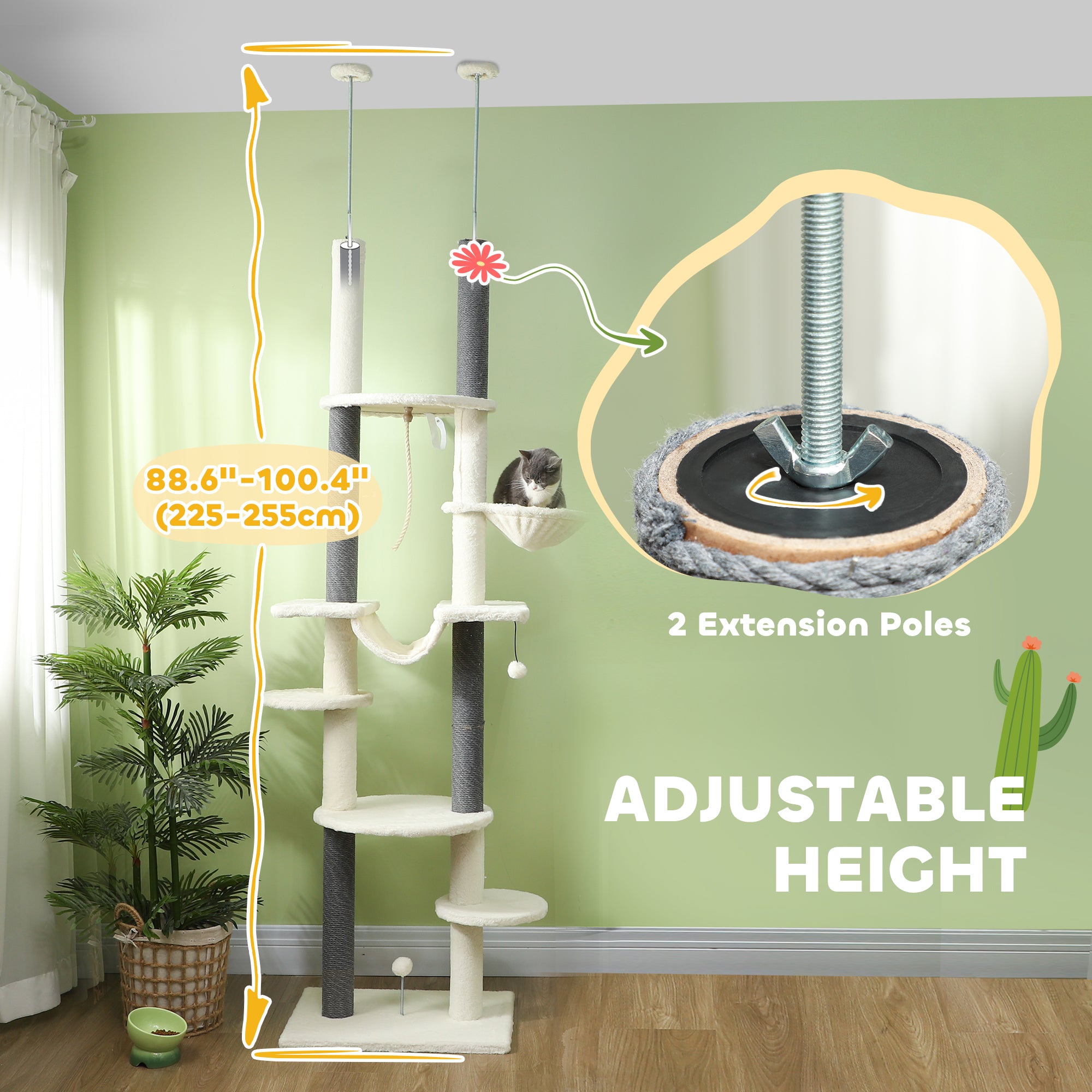 PawHut Cat Tree Tower, Floor to Ceiling Cat Tree, Adjustable Height (89"- 100"), 7 Tier Cat Tower with Scratching Posts, Hammock, Perches, Toy Balls & Rope Cat Toy for Indoor Cats, White