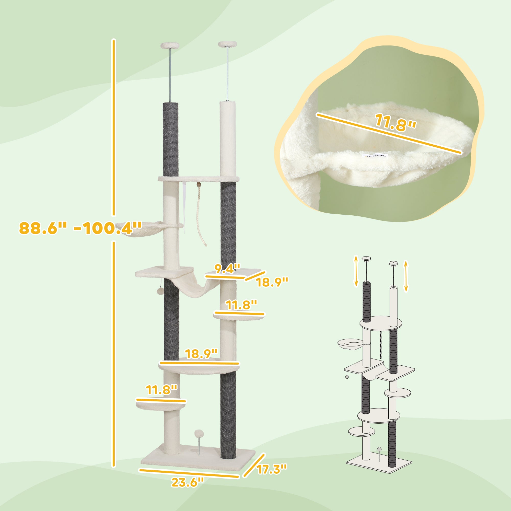 PawHut Cat Tree Tower, Floor to Ceiling Cat Tree, Adjustable Height (89"- 100"), 7 Tier Cat Tower with Scratching Posts, Hammock, Perches, Toy Balls & Rope Cat Toy for Indoor Cats, White
