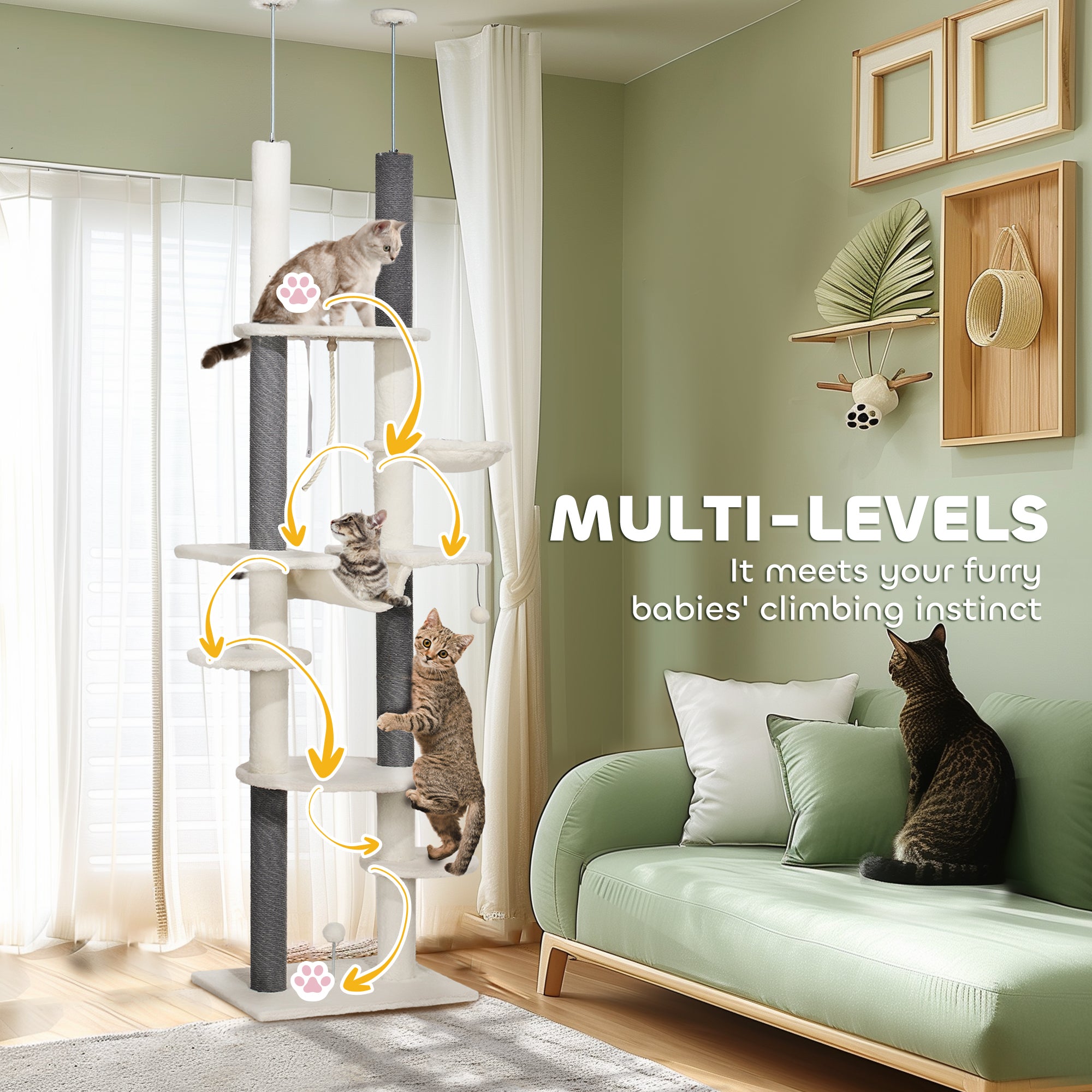 PawHut Cat Tree Tower, Floor to Ceiling Cat Tree, Adjustable Height (89"- 100"), 7 Tier Cat Tower with Scratching Posts, Hammock, Perches, Toy Balls & Rope Cat Toy for Indoor Cats, White